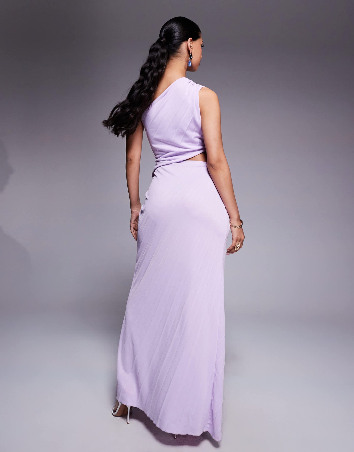 ASOS DESIGN pleated maxi dress with asymmetric one shoulder and twist skirt in lilac