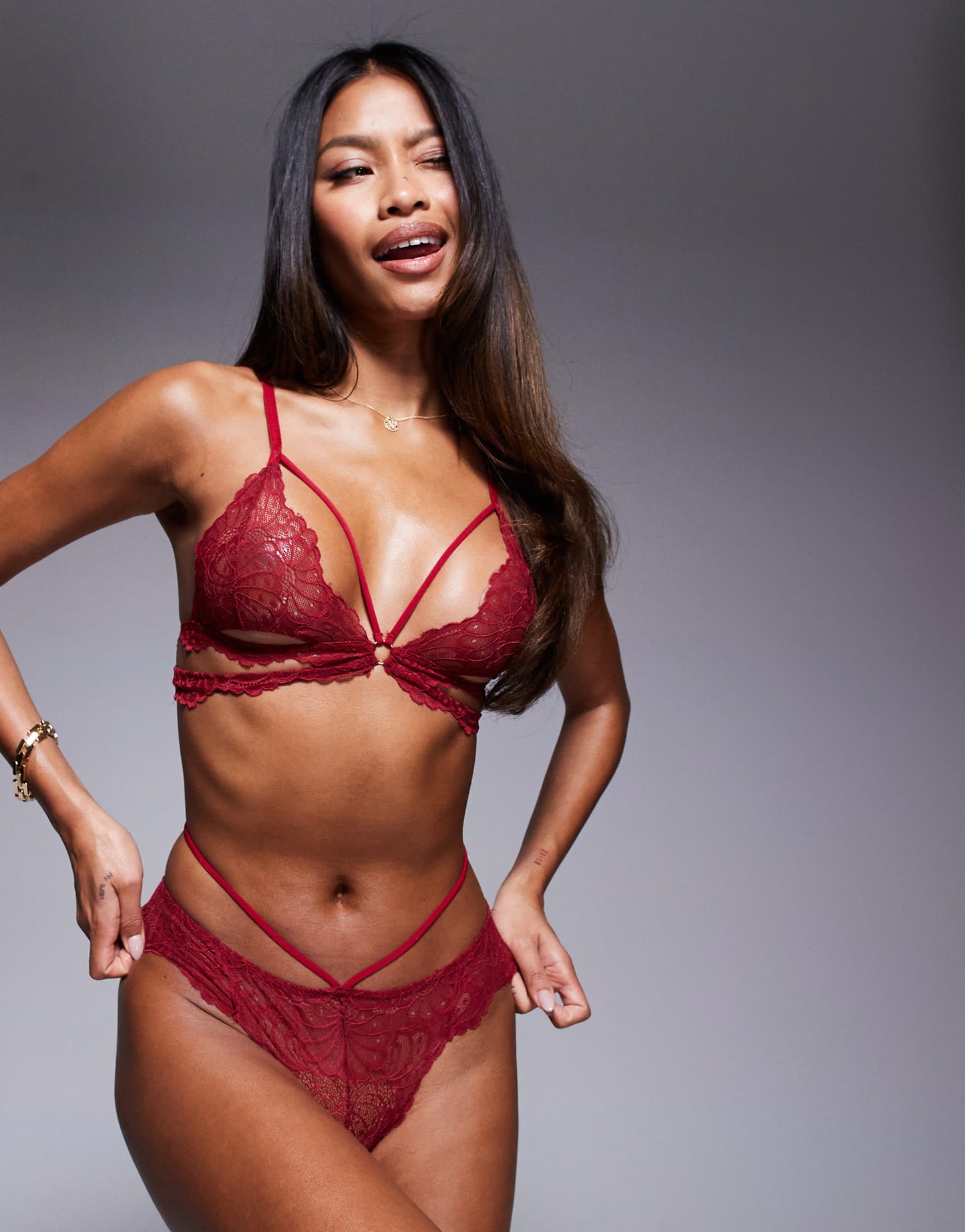 ASOS DESIGN Kimmy lace strappy cut out triangle bra in burgundy