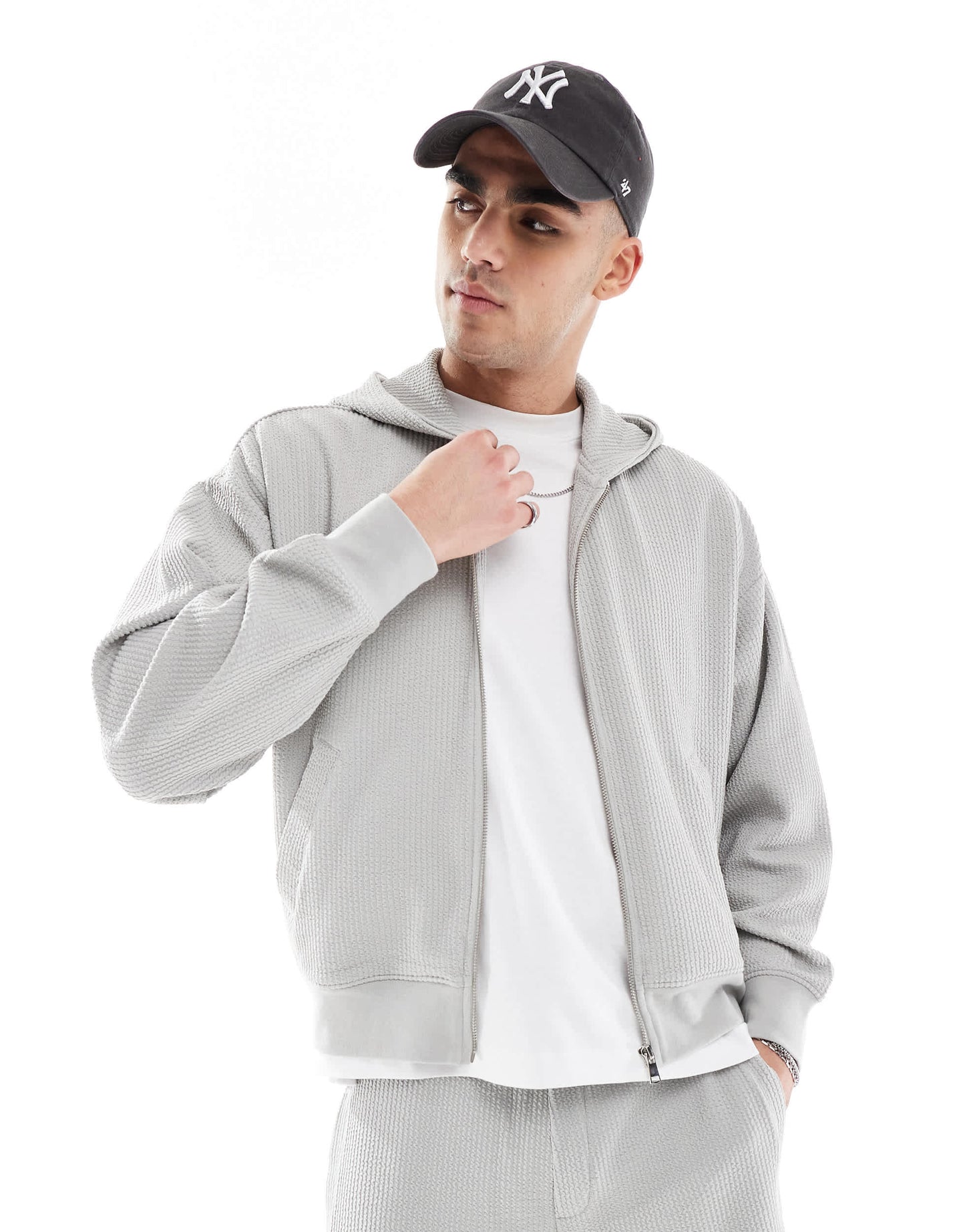Bershka boxy crop seersucker co-ord hoodie in light grey