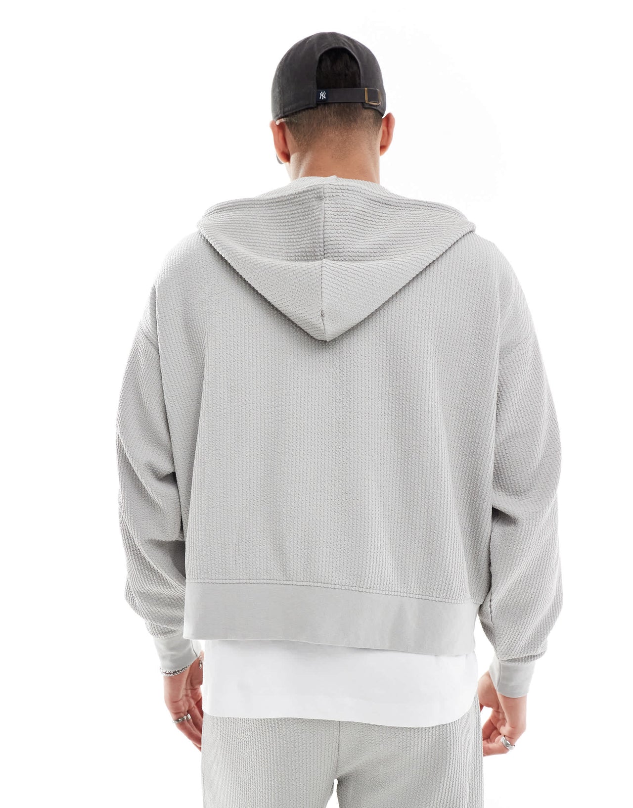 Bershka boxy crop seersucker co-ord hoodie in light grey
