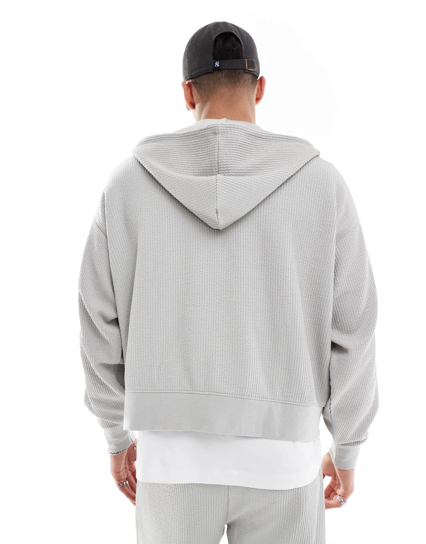 Bershka boxy crop seersucker co-ord hoodie in light grey