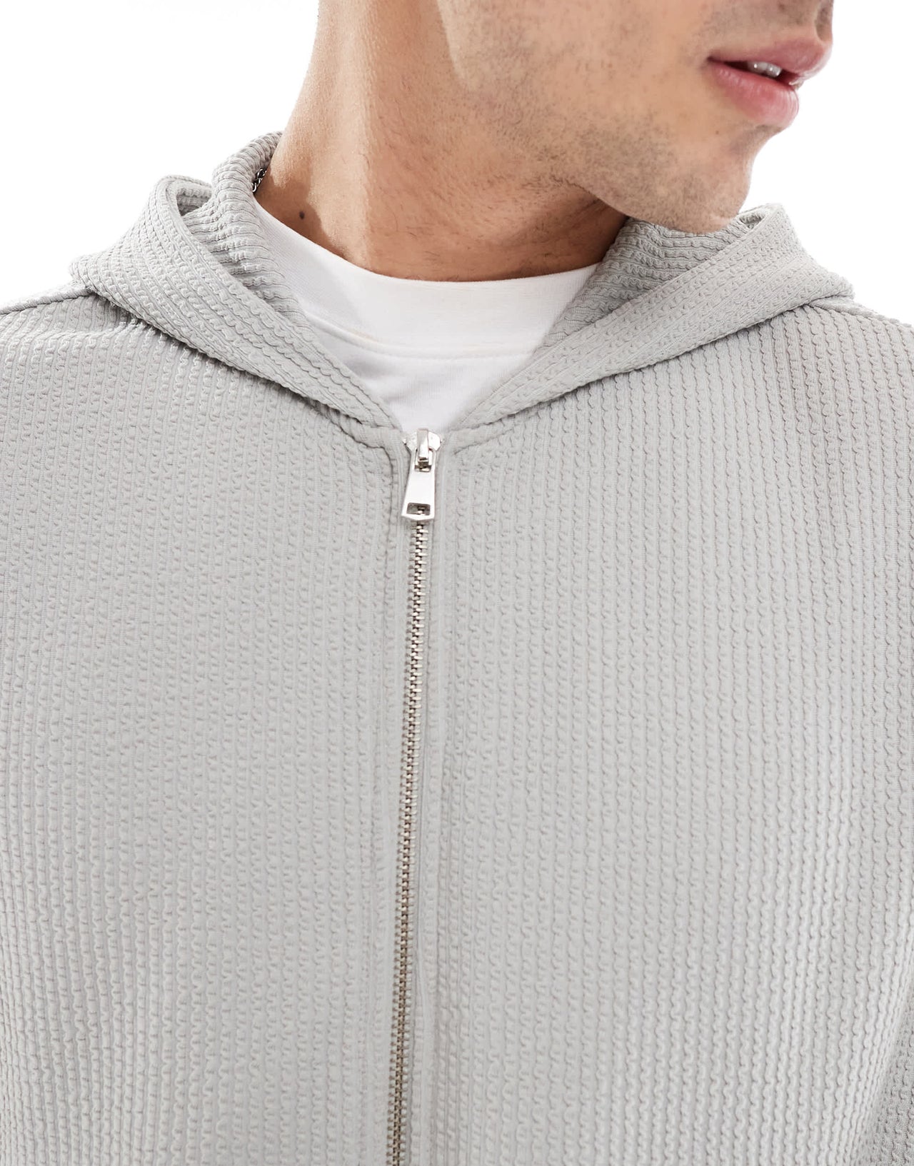 Bershka boxy crop seersucker co-ord hoodie in light grey