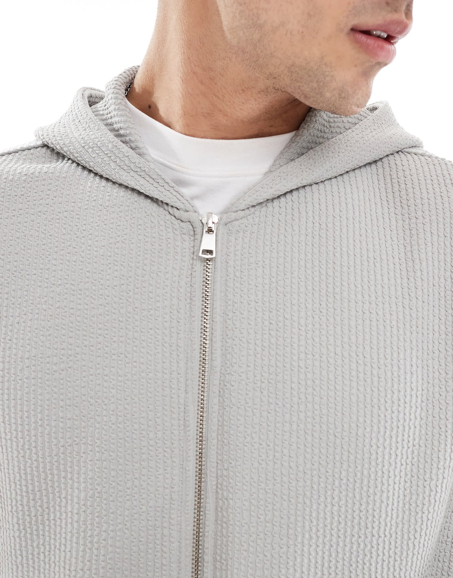 Bershka boxy crop seersucker co-ord hoodie in light grey