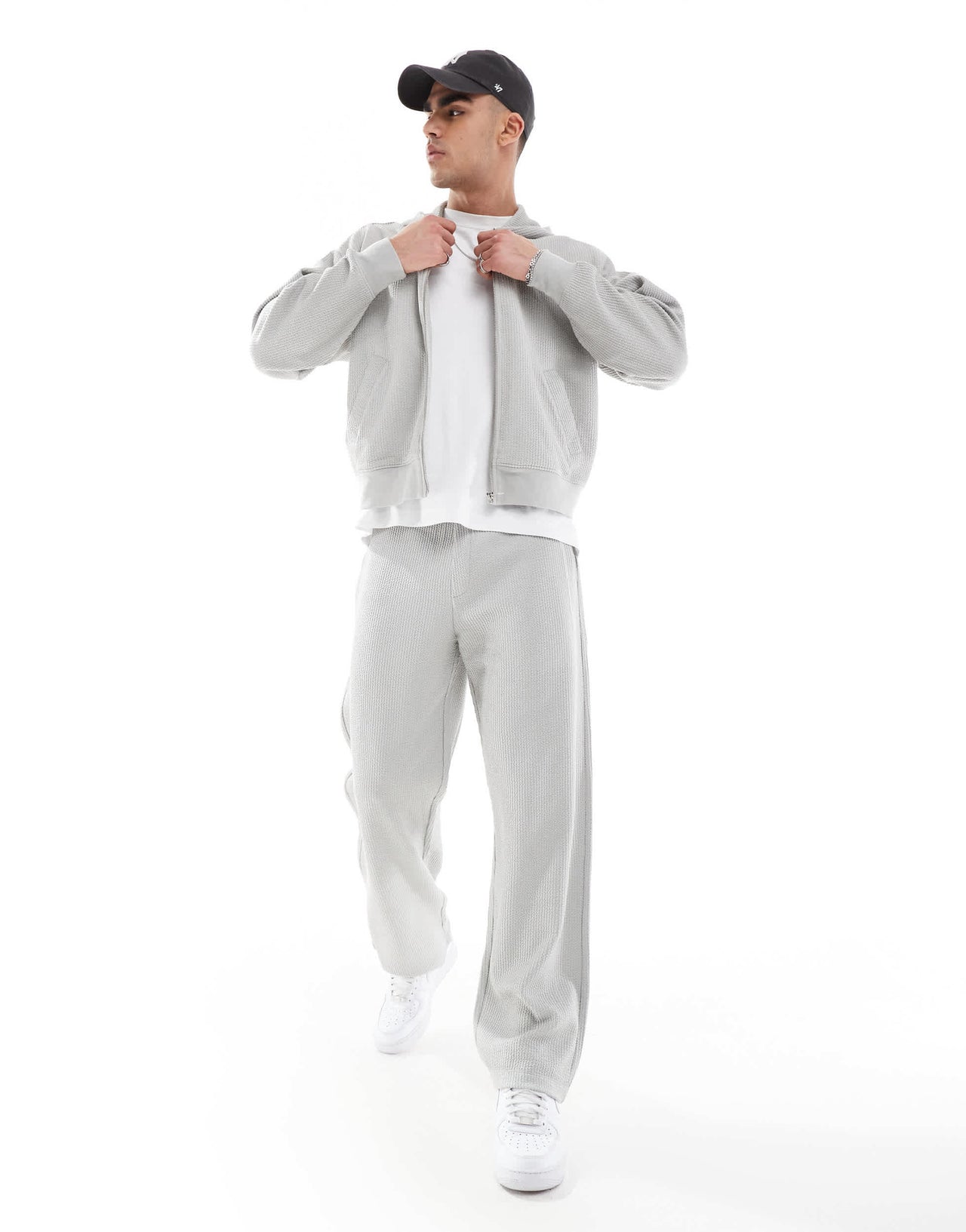 Bershka boxy crop seersucker co-ord hoodie in light grey