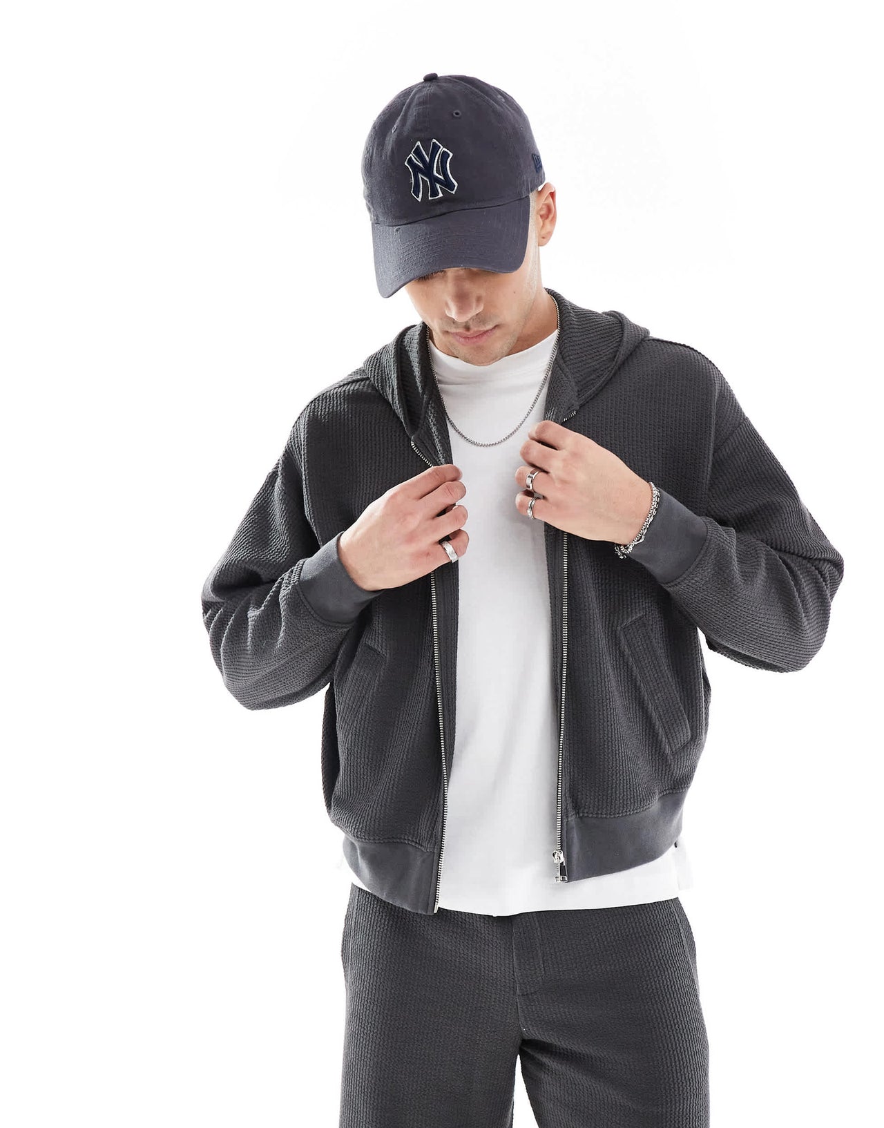 Bershka boxy crop seersucker co-ord hoodie in grey