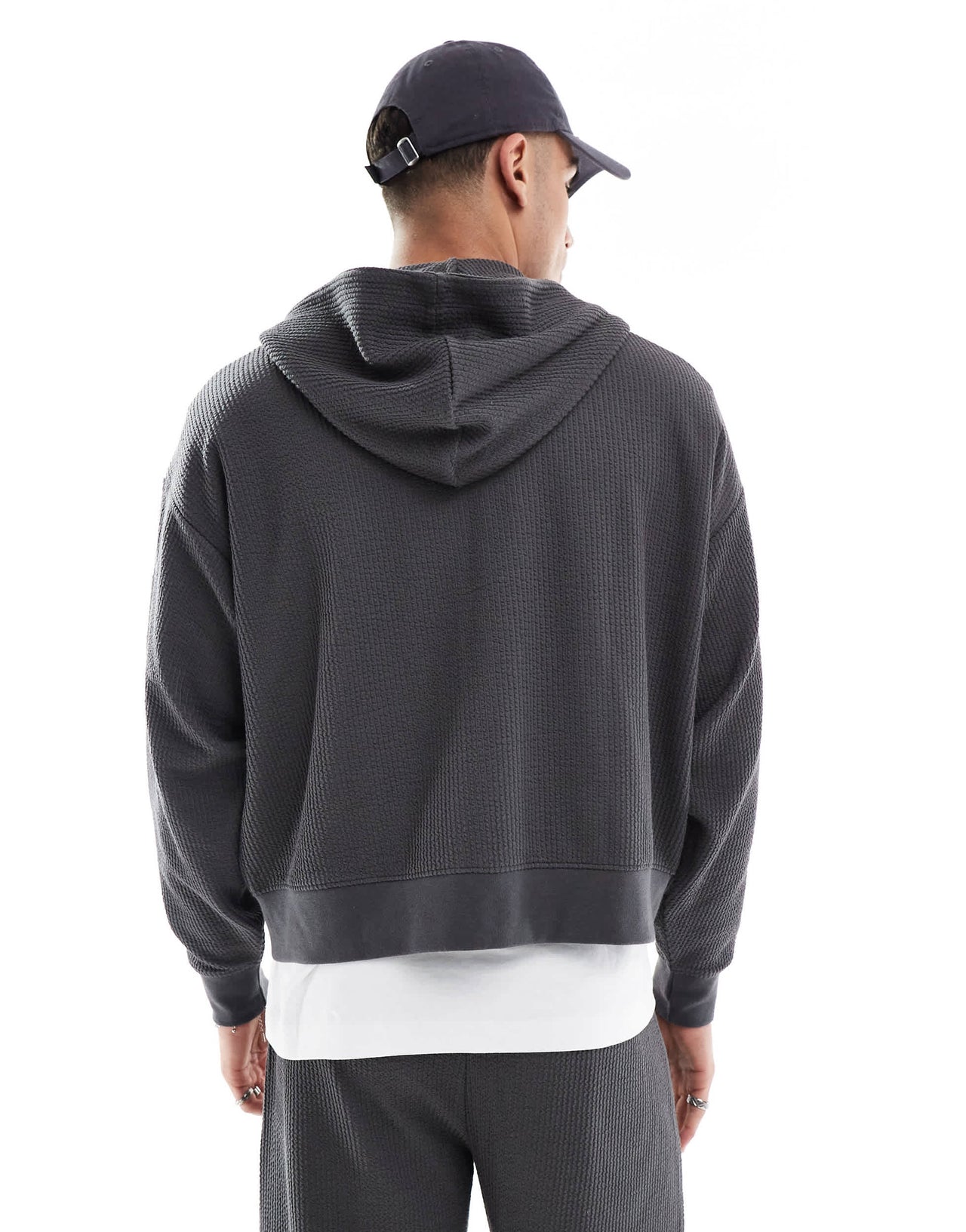 Bershka boxy crop seersucker co-ord hoodie in grey