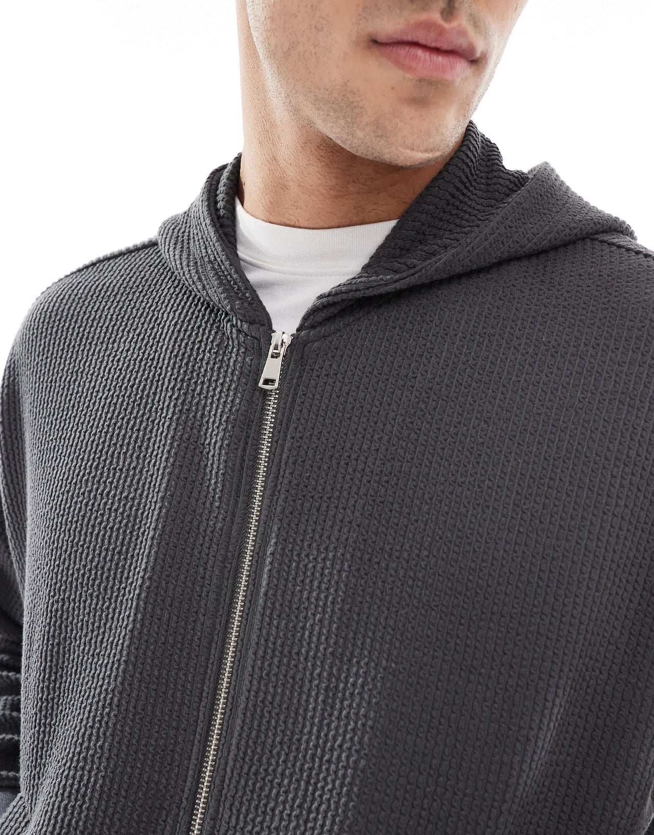 Bershka boxy crop seersucker co-ord hoodie in grey