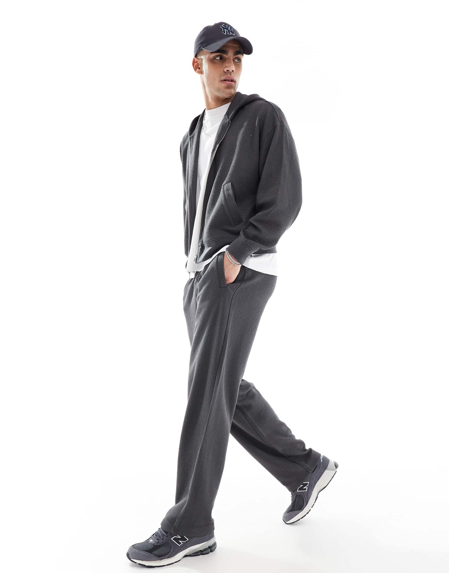 Bershka boxy crop seersucker co-ord hoodie in grey