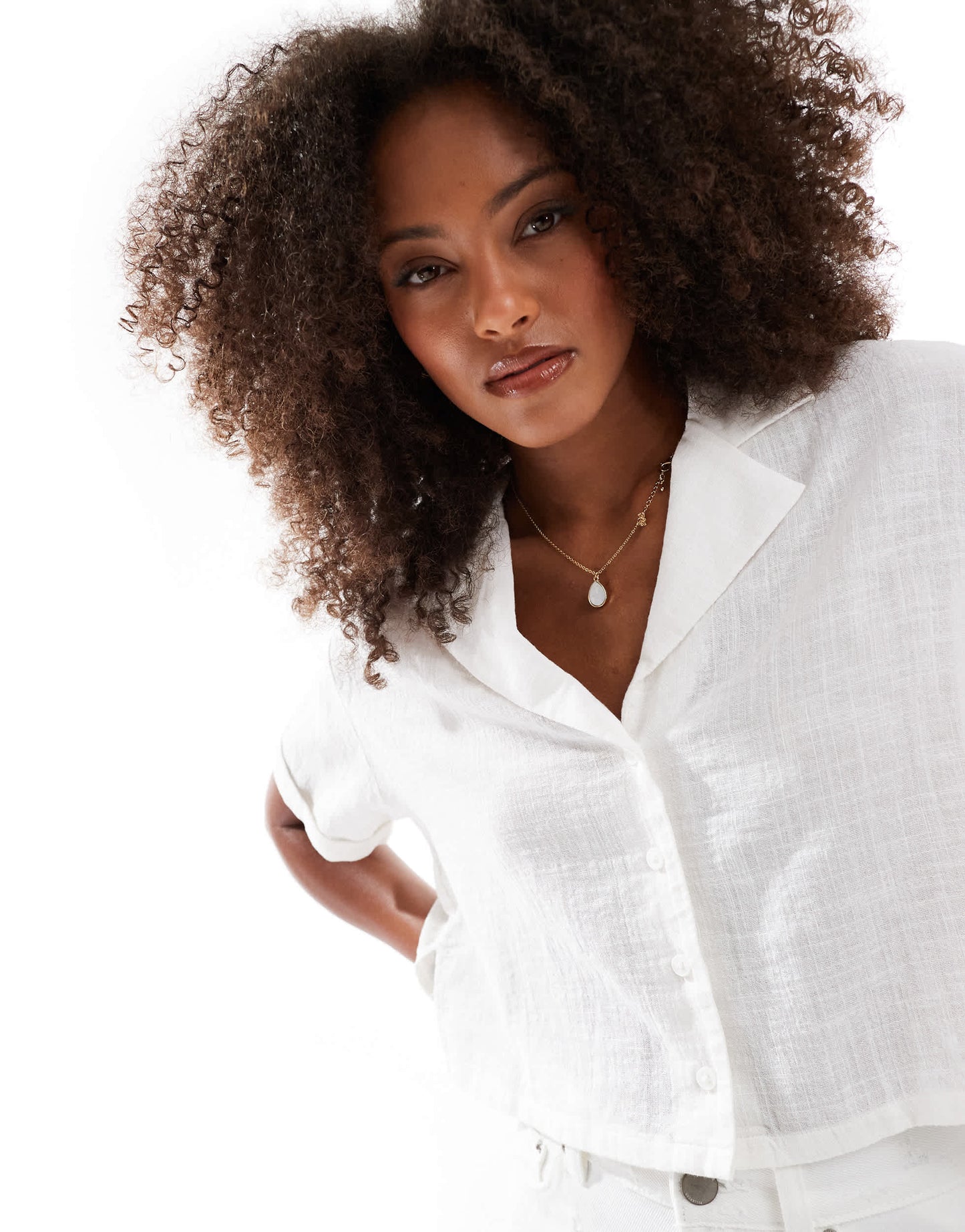 Bershka linen look short sleeve boxy shirt in white