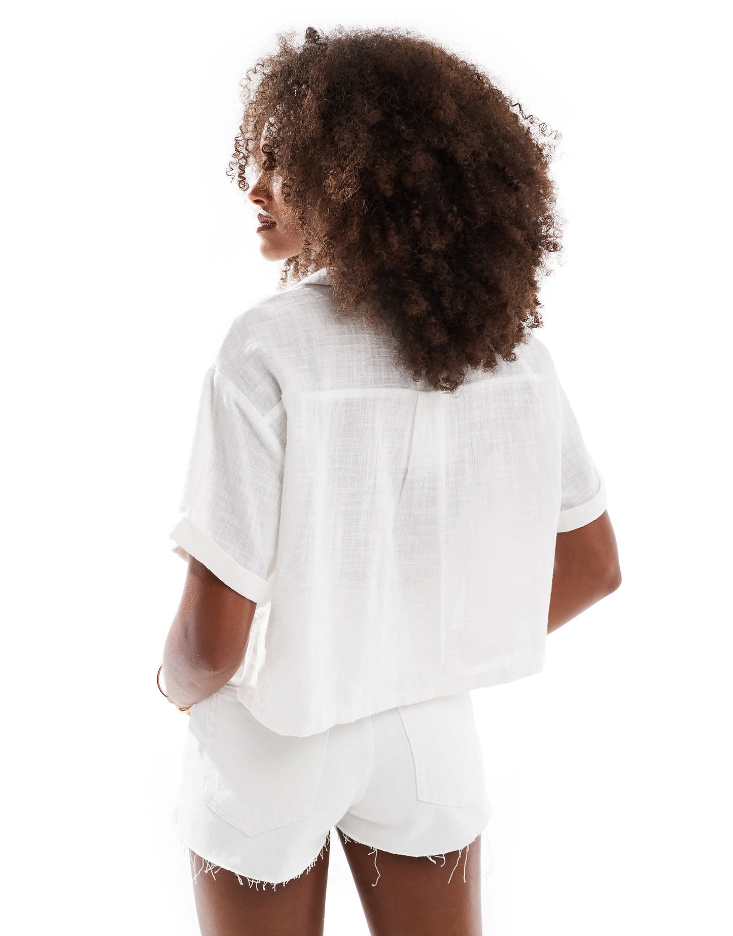 Bershka linen look short sleeve boxy shirt in white