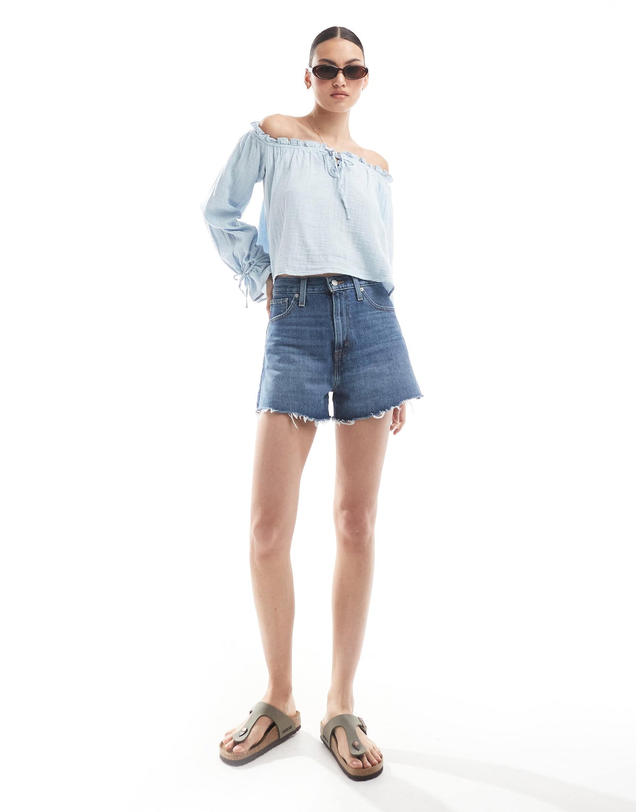 Bershka crinkle bardot top in light blue
