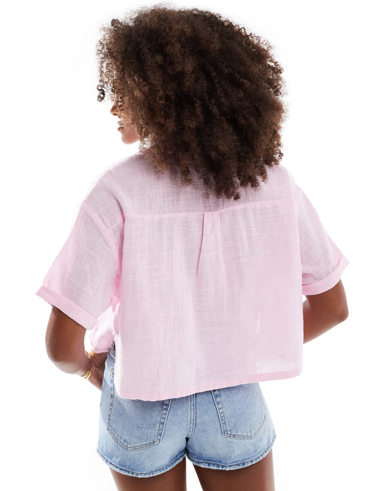 Bershka linen look short sleeve boxy shirt in pink