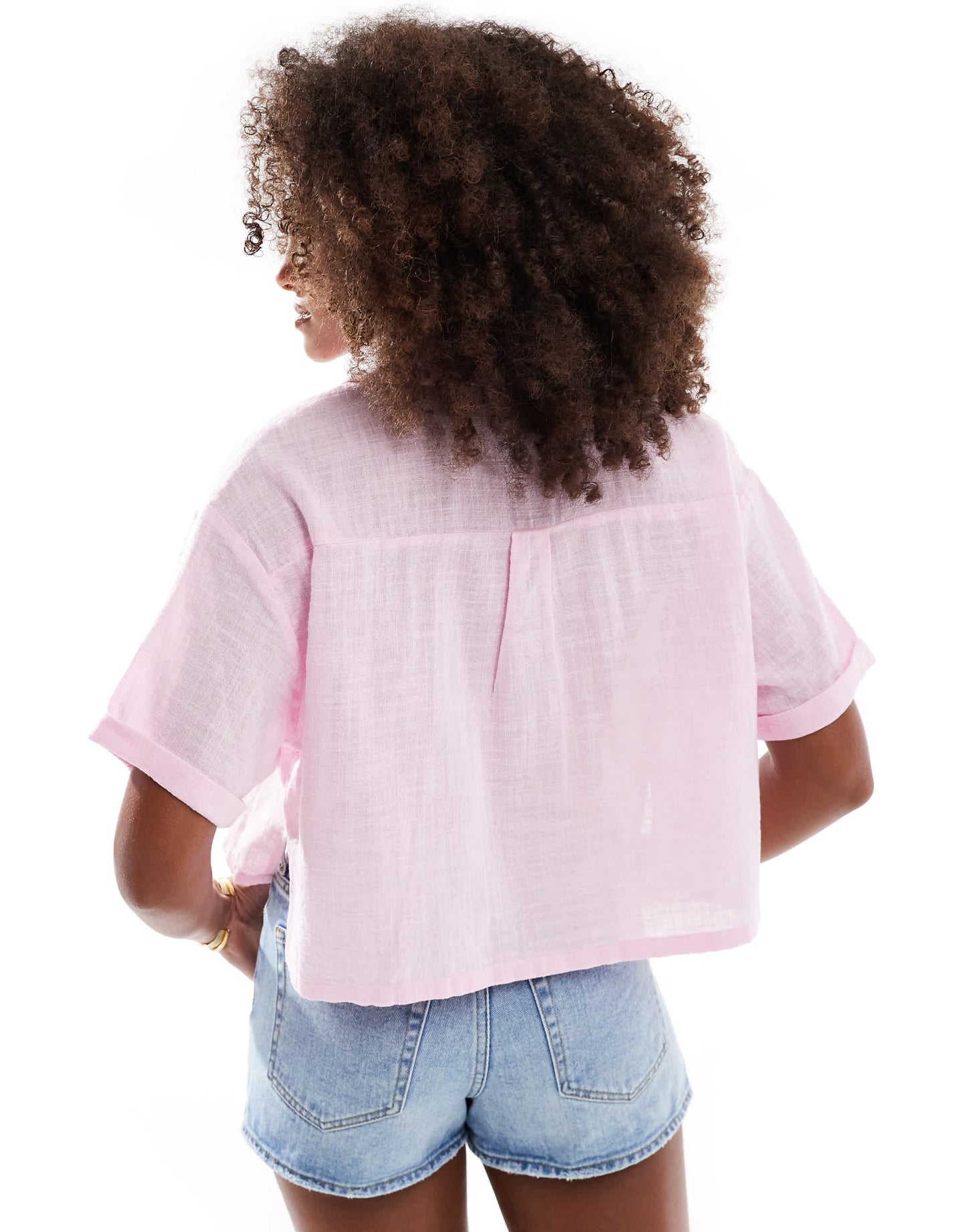 Bershka linen look short sleeve boxy shirt in pink