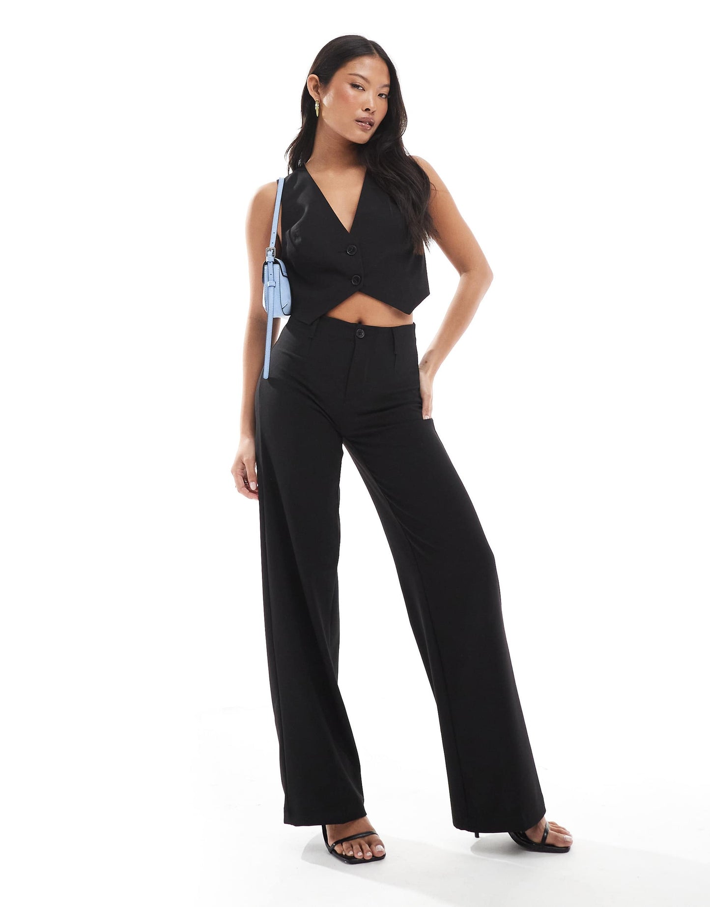 Bershka Petite high waisted wide leg tailored trouser in black