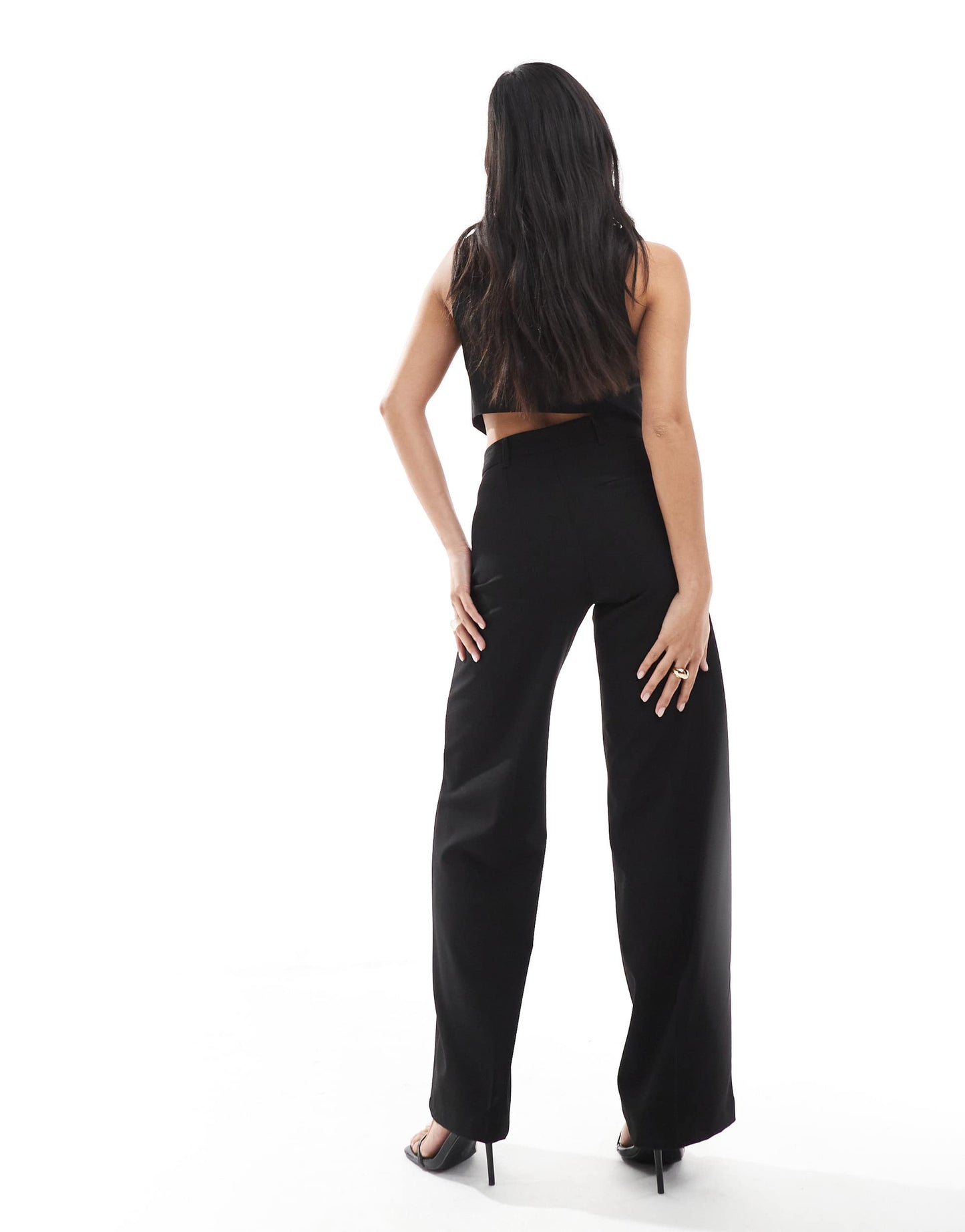 Bershka Petite high waisted wide leg tailored trouser in black