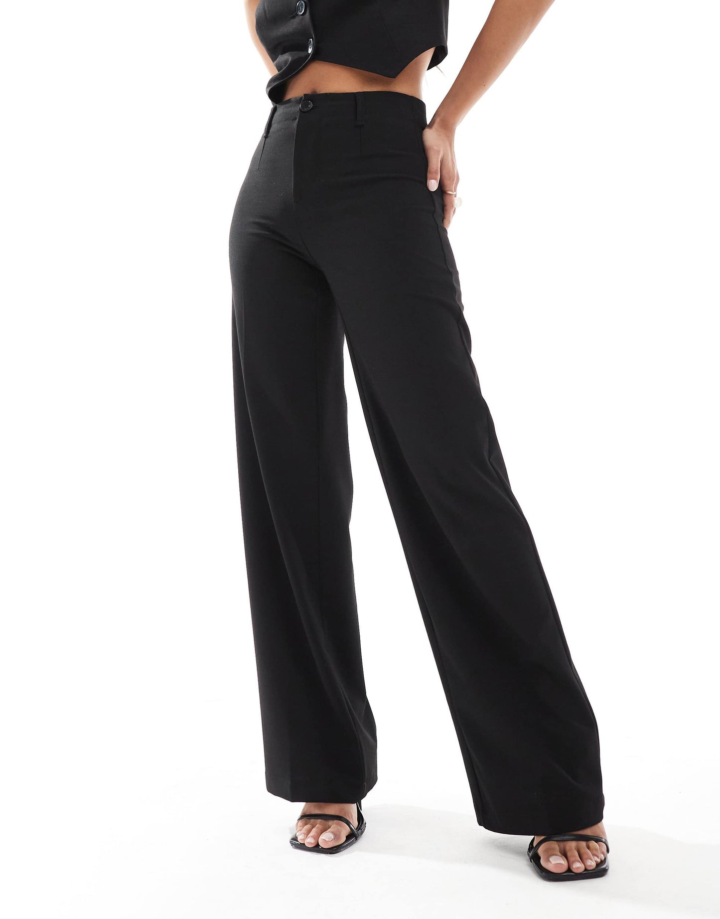 Bershka Petite high waisted wide leg tailored trouser in black
