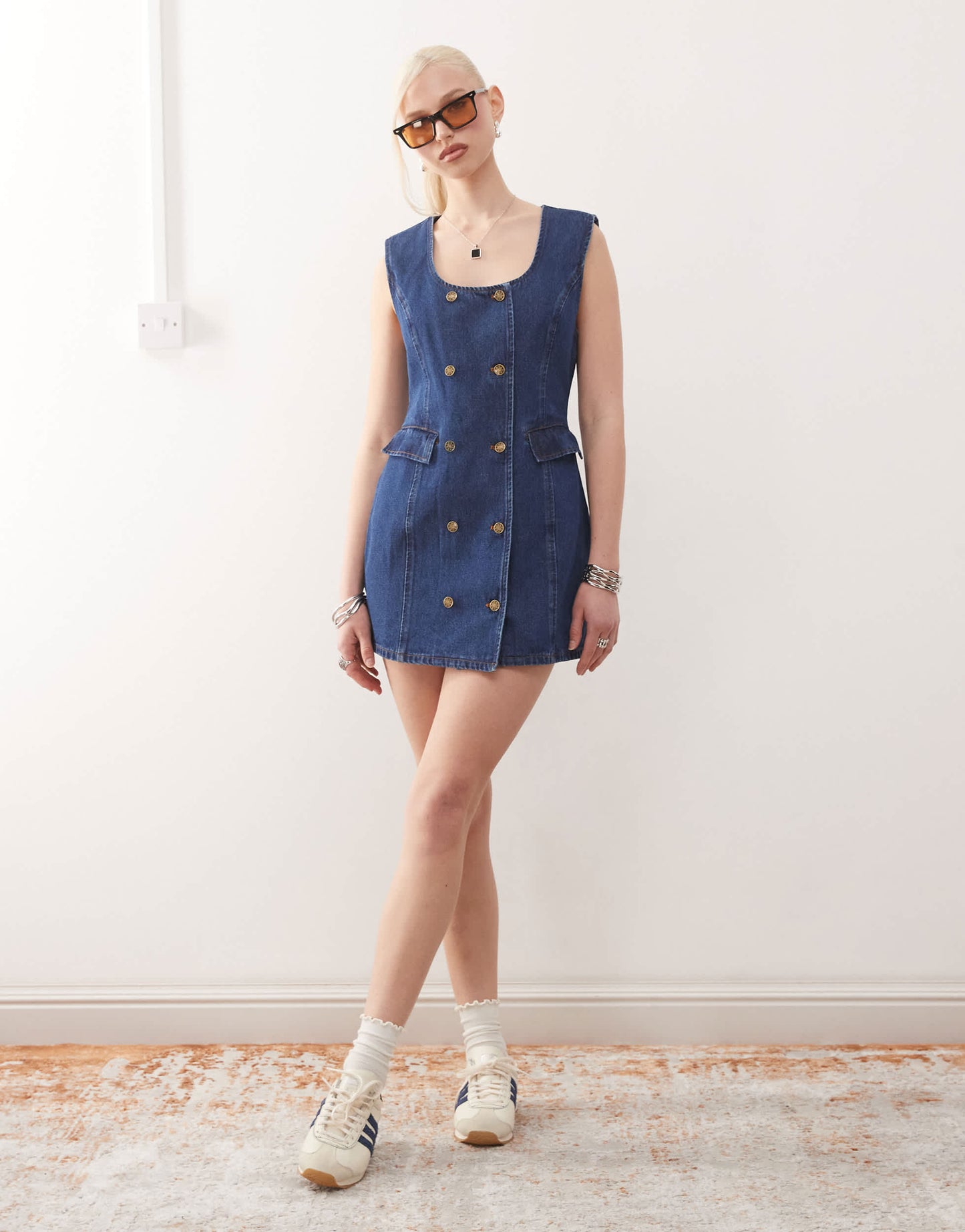 Lioness double button front pocket detail denim mini dress in mid blue wash