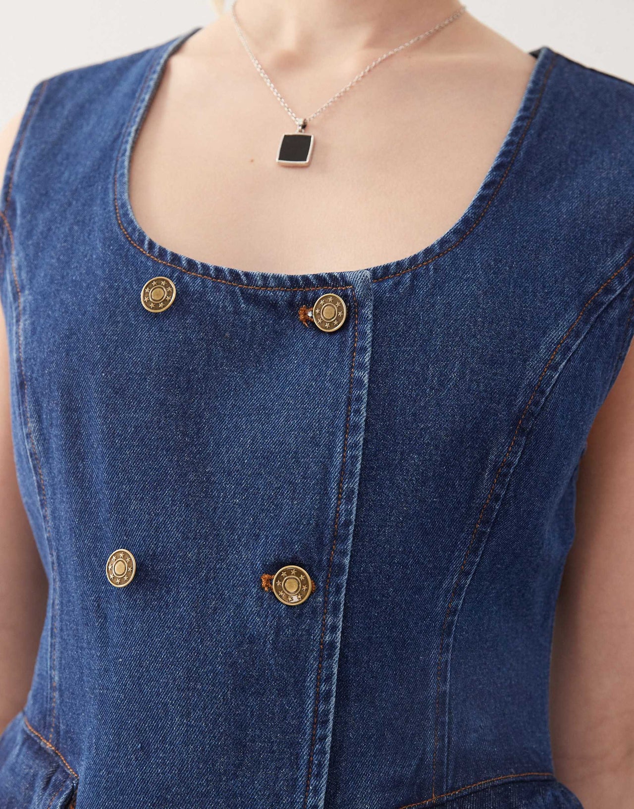 Lioness double button front pocket detail denim mini dress in mid blue wash