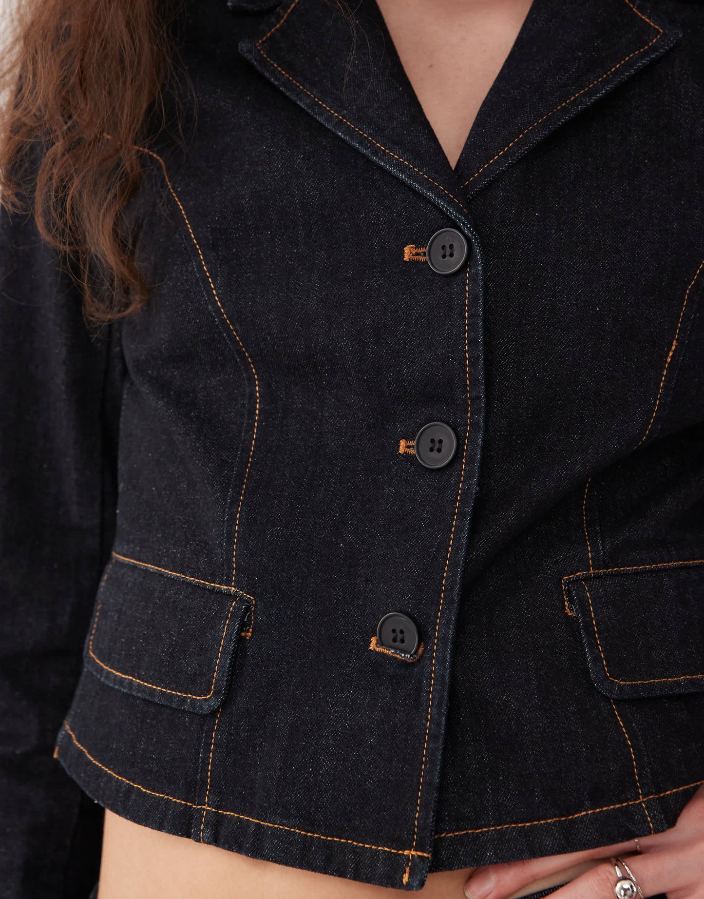 Lioness contrast stitch button front cropped jacket co-ord in dark wash denim