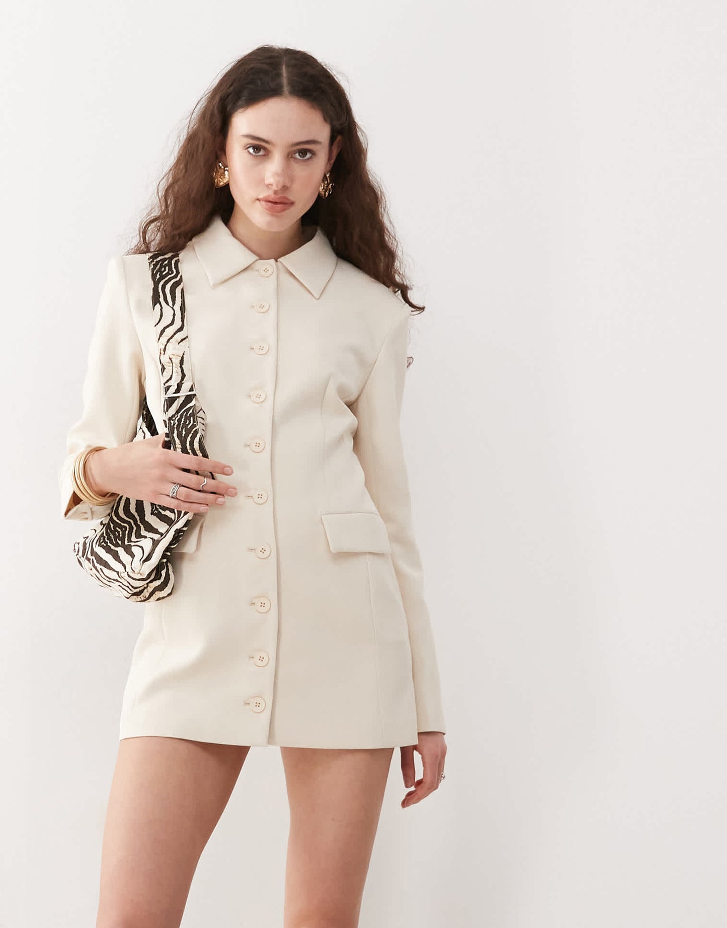 Lioness Cheri structured button front tailored blazer mini dress in cream