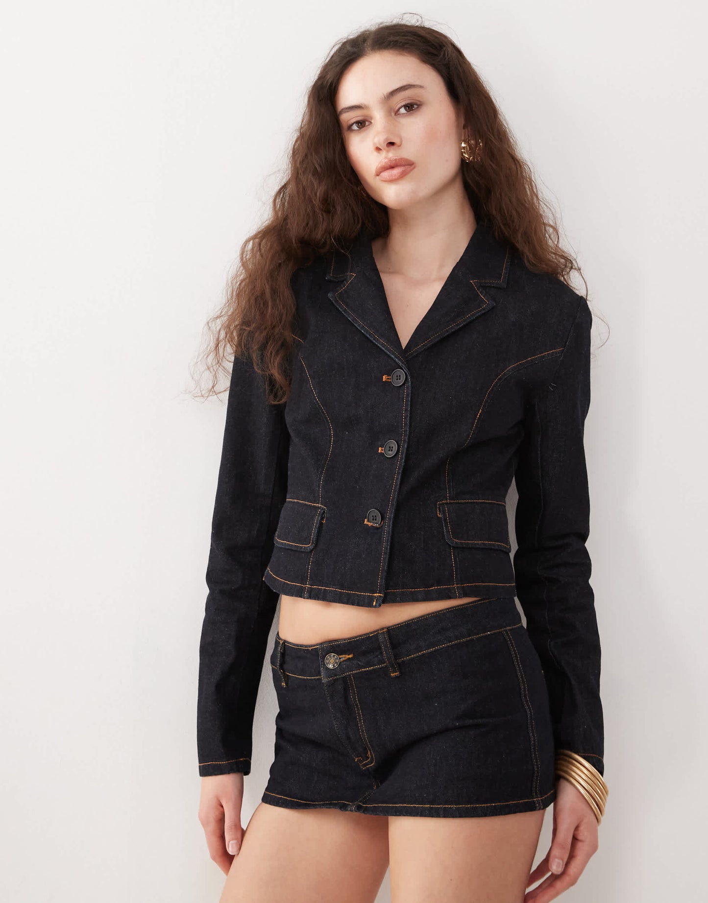 Lioness contrast stitch ultra mini skort co-ord in dark wash denim