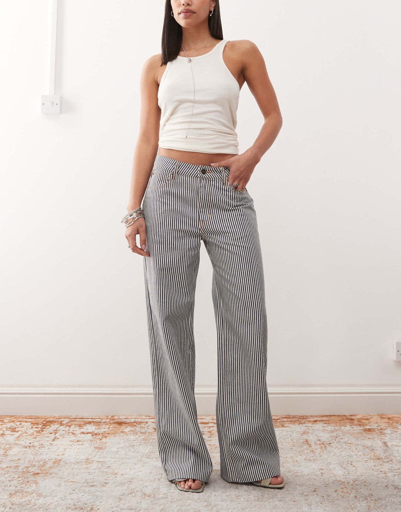 Lioness Top Model low rise wide leg jeans in blue and white stripe