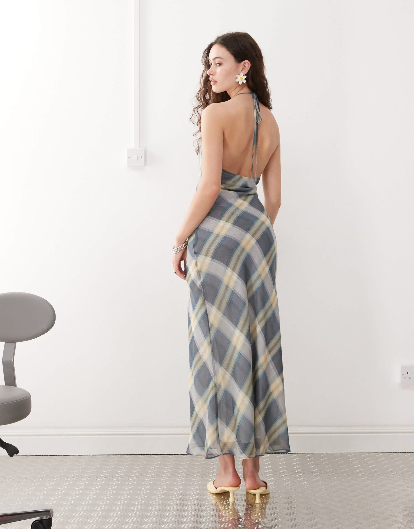 Lioness 90s halterneck lace trim low back maxi dress in vintage blue check