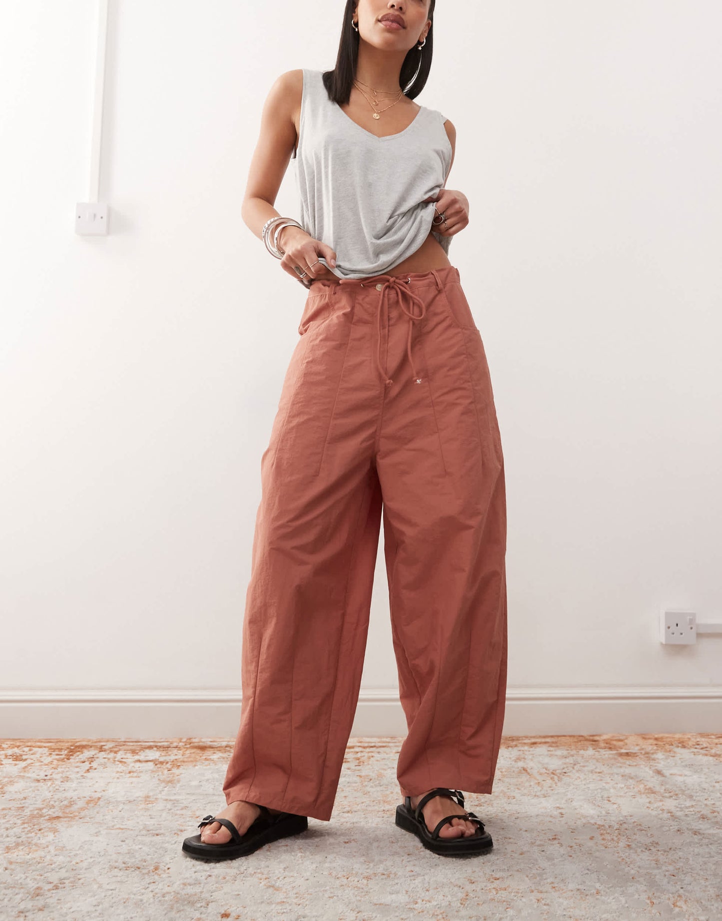 Lioness tie waist barrel leg trousers in red clay