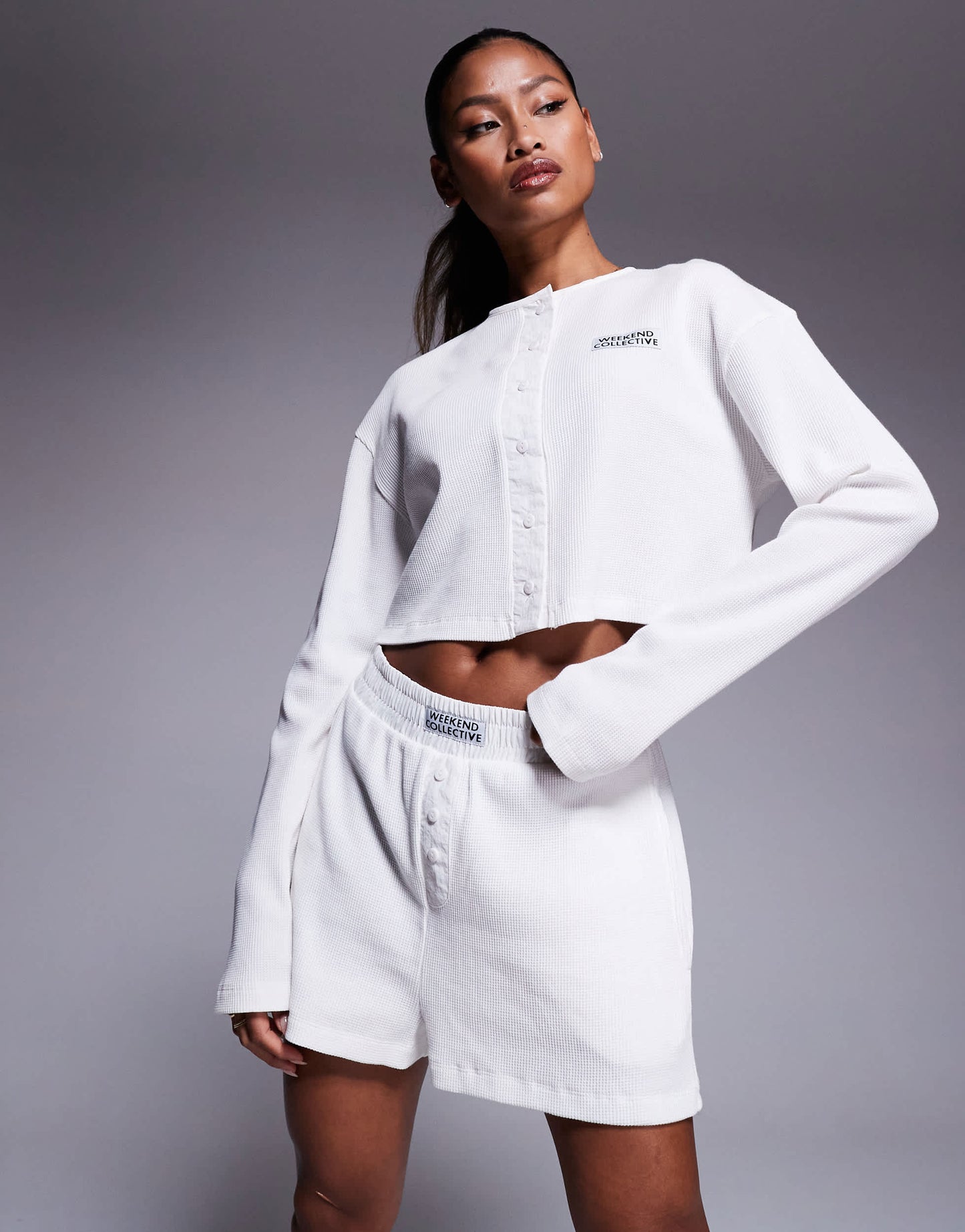 Weekend Collective co-ord waffle shorts with nylon in coconut milk