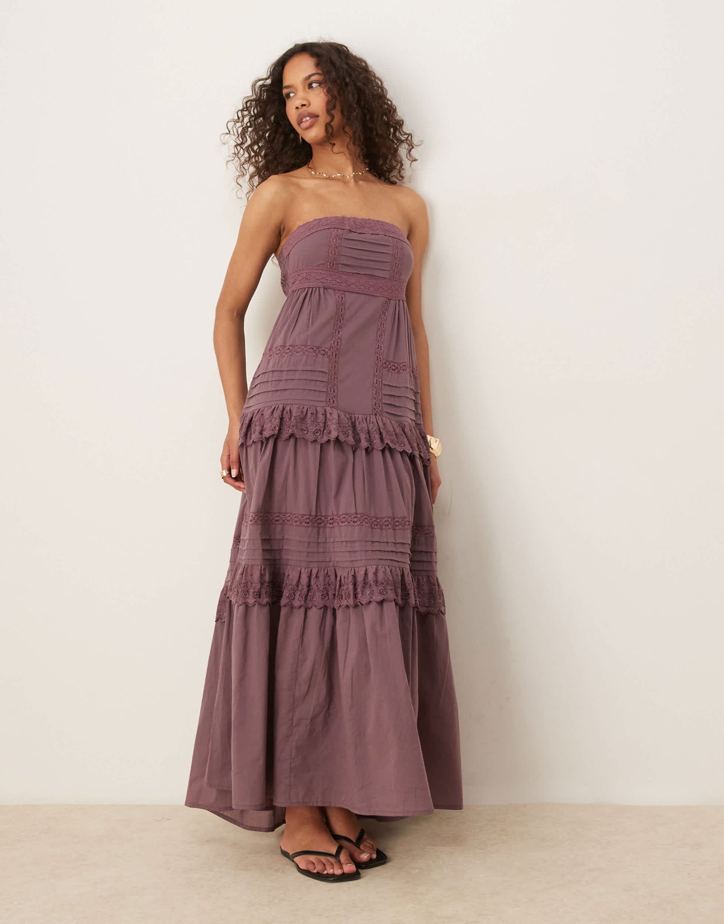 ASOS DESIGN bandeau maxi sundress with pintucks and lace tiers in deep grape