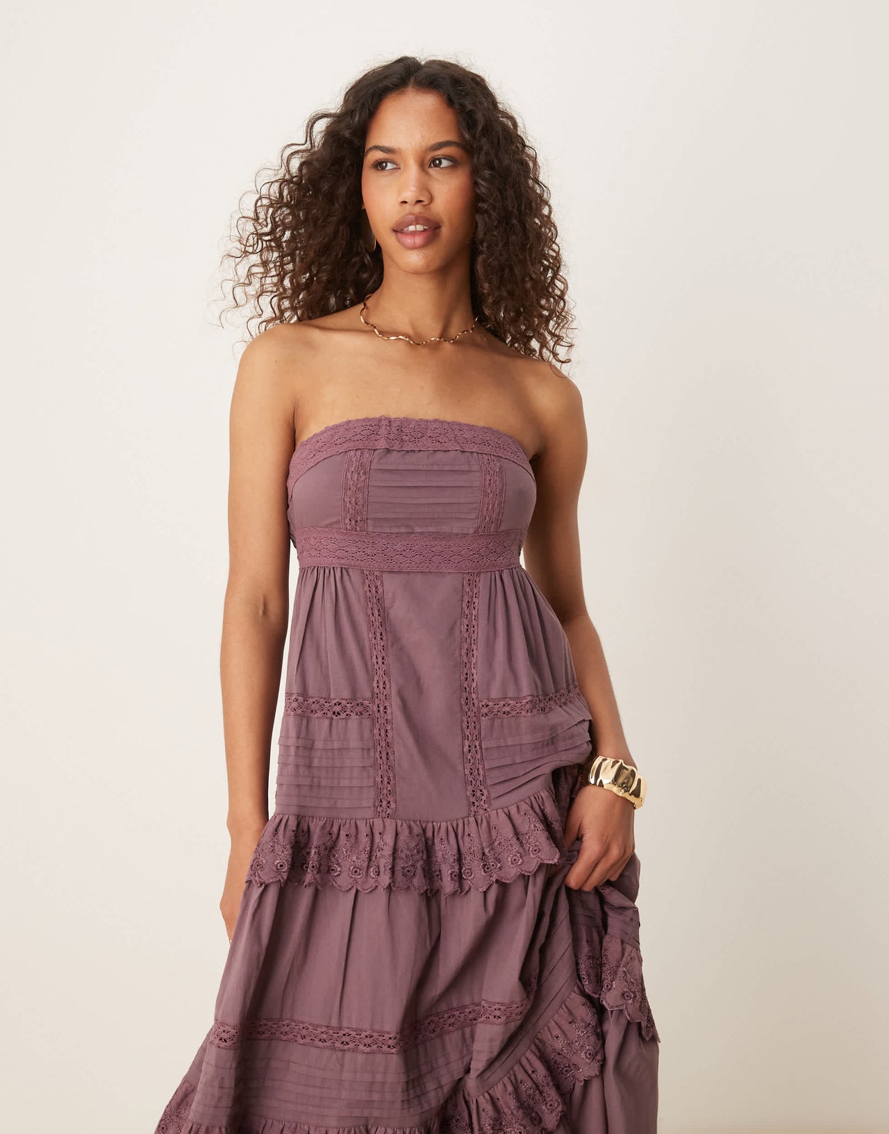 ASOS DESIGN bandeau maxi sundress with pintucks and lace tiers in deep grape