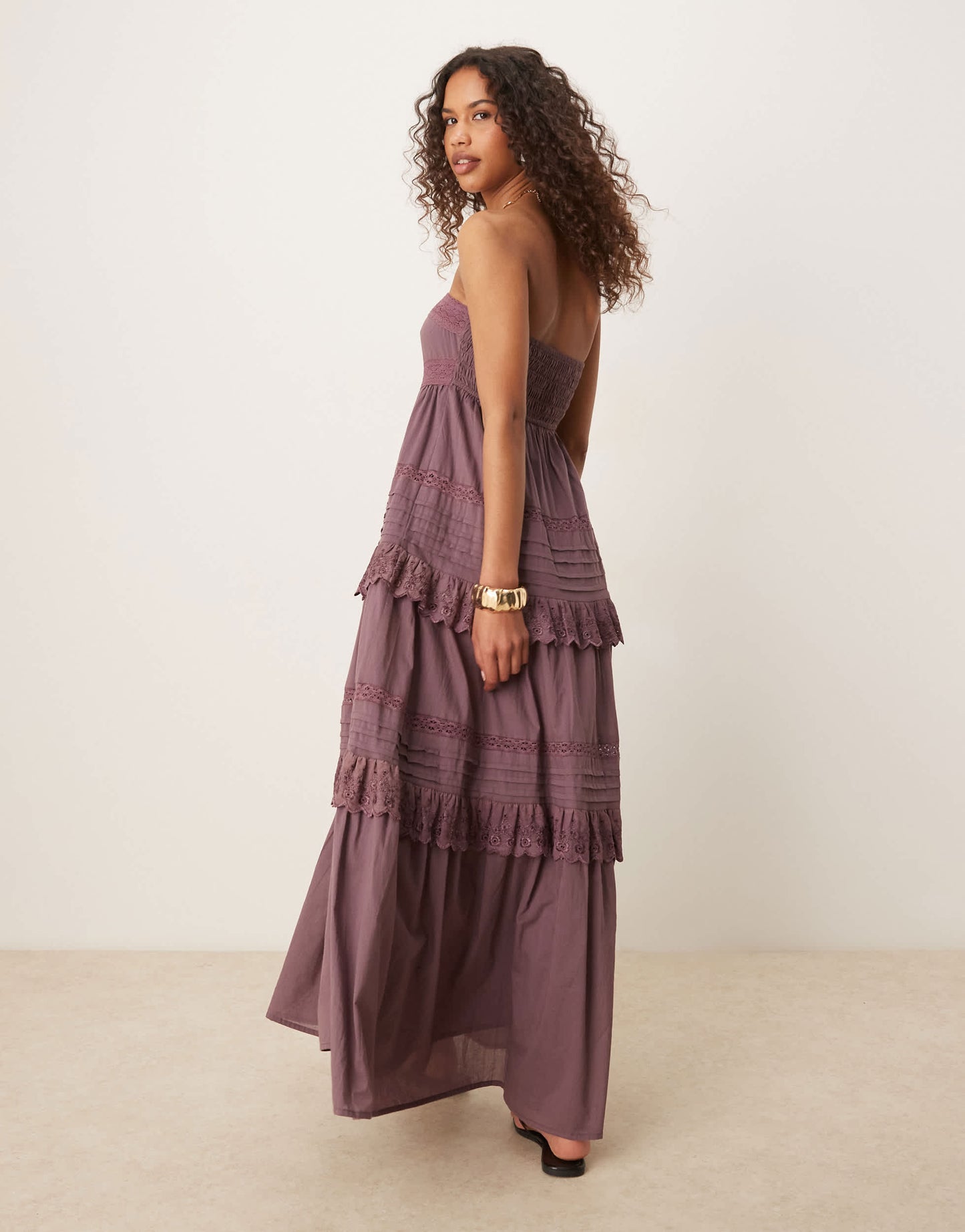 ASOS DESIGN bandeau maxi sundress with pintucks and lace tiers in deep grape