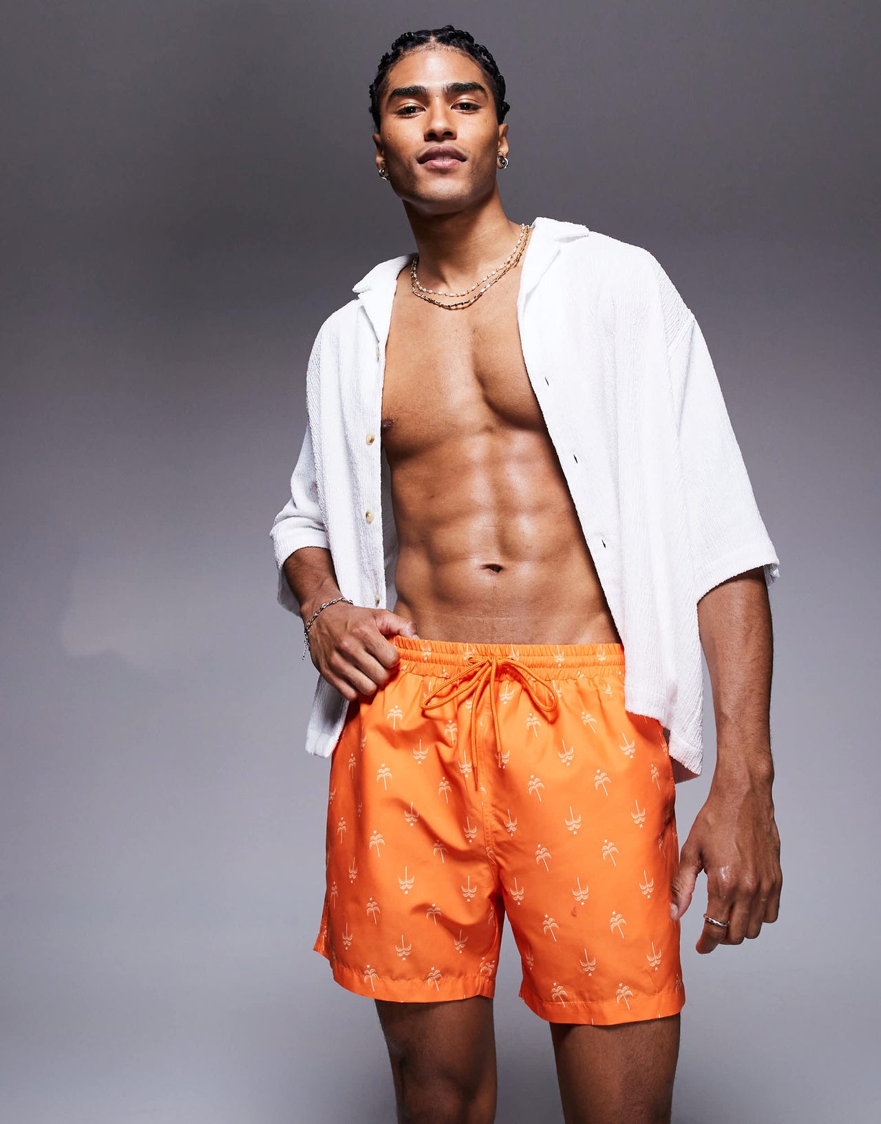 South Beach palm tree print swimshort in orange