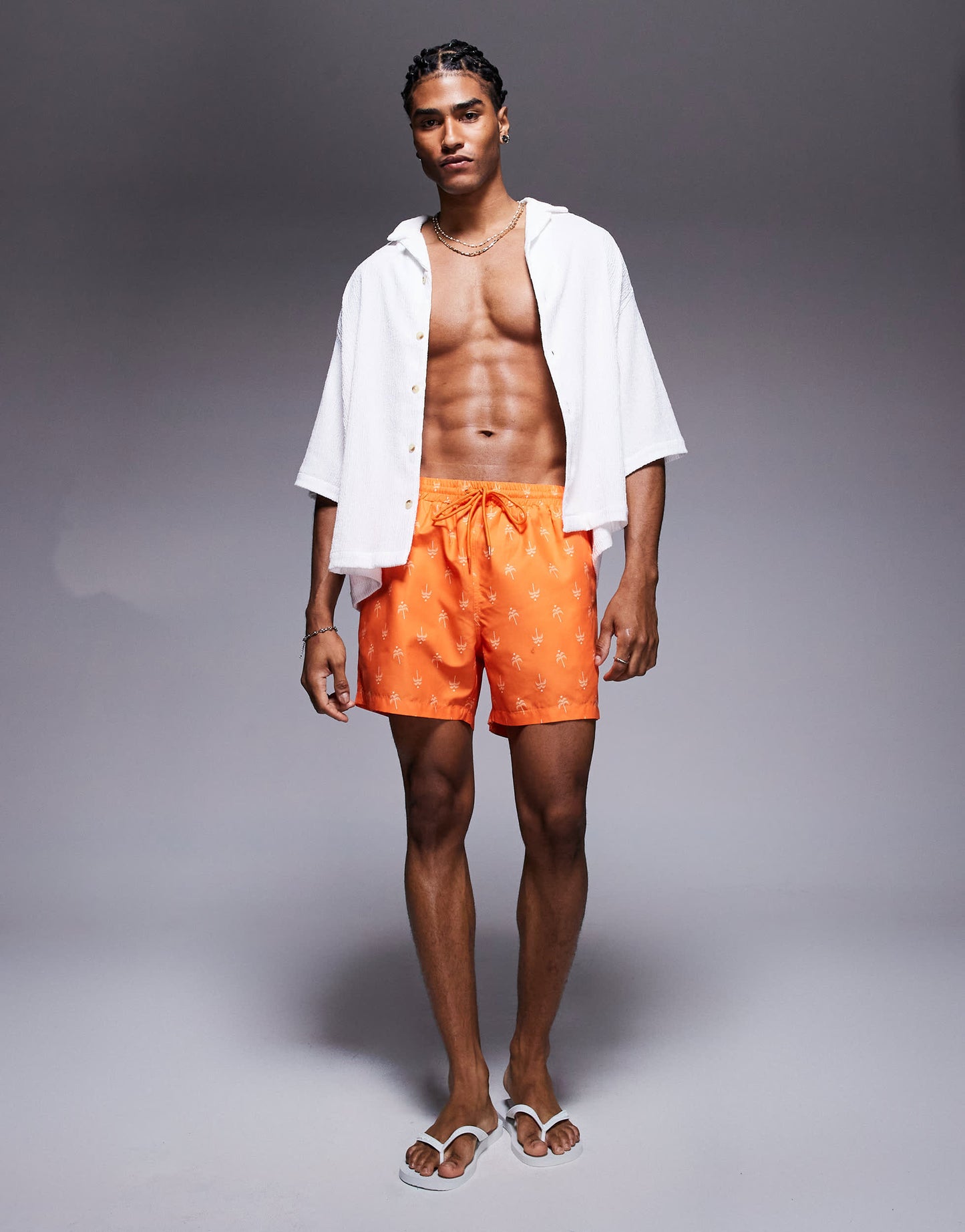 South Beach palm tree print swimshort in orange