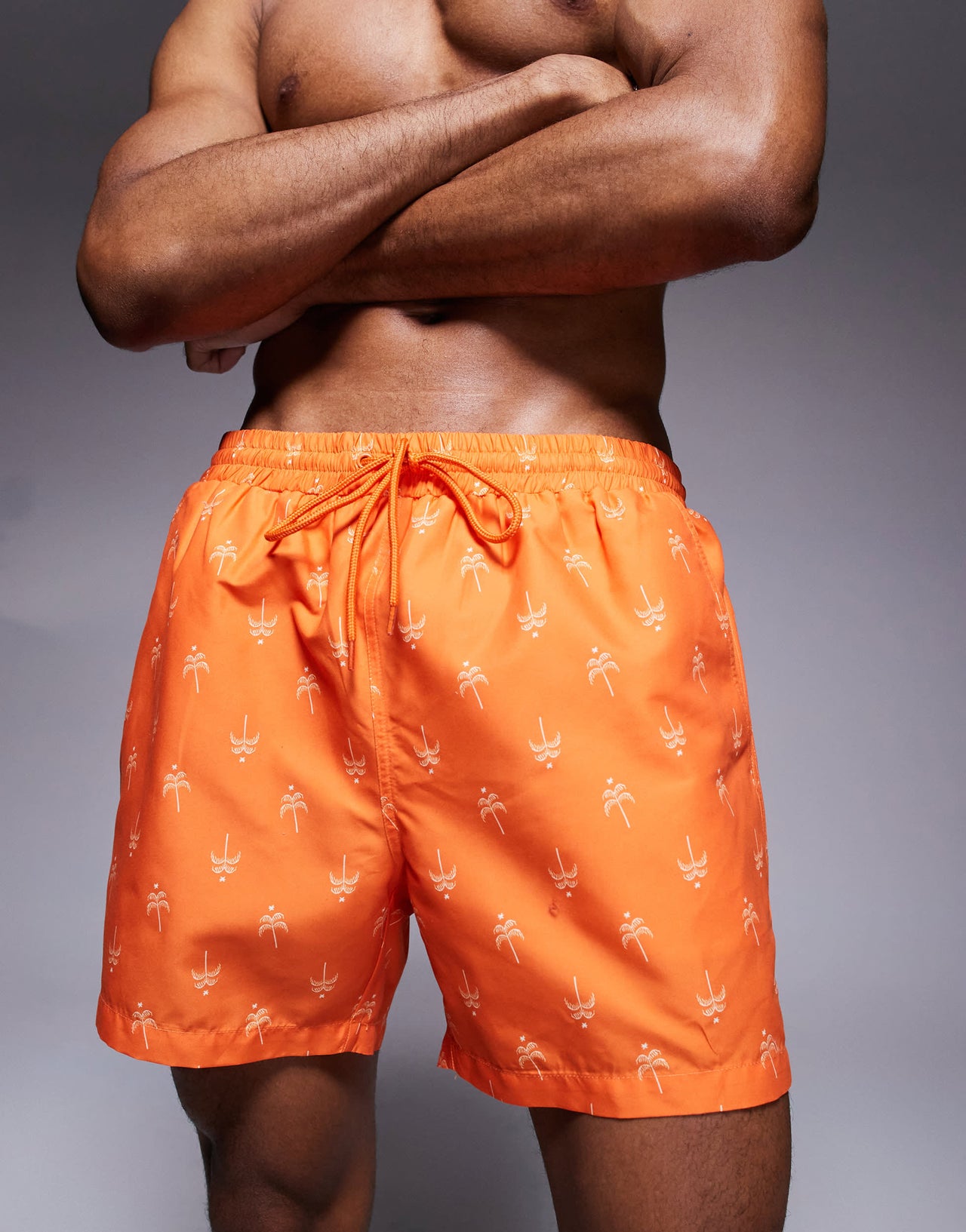 South Beach palm tree print swimshort in orange
