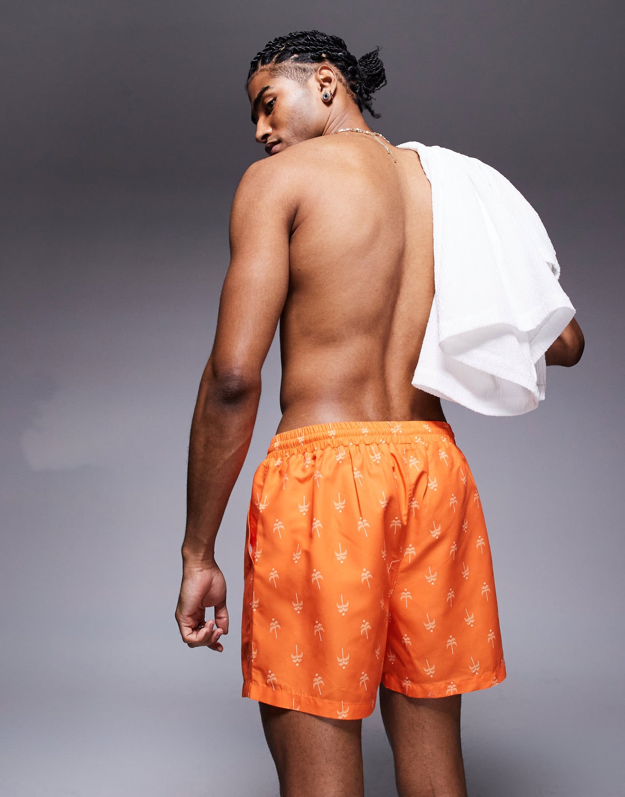 South Beach palm tree print swimshort in orange