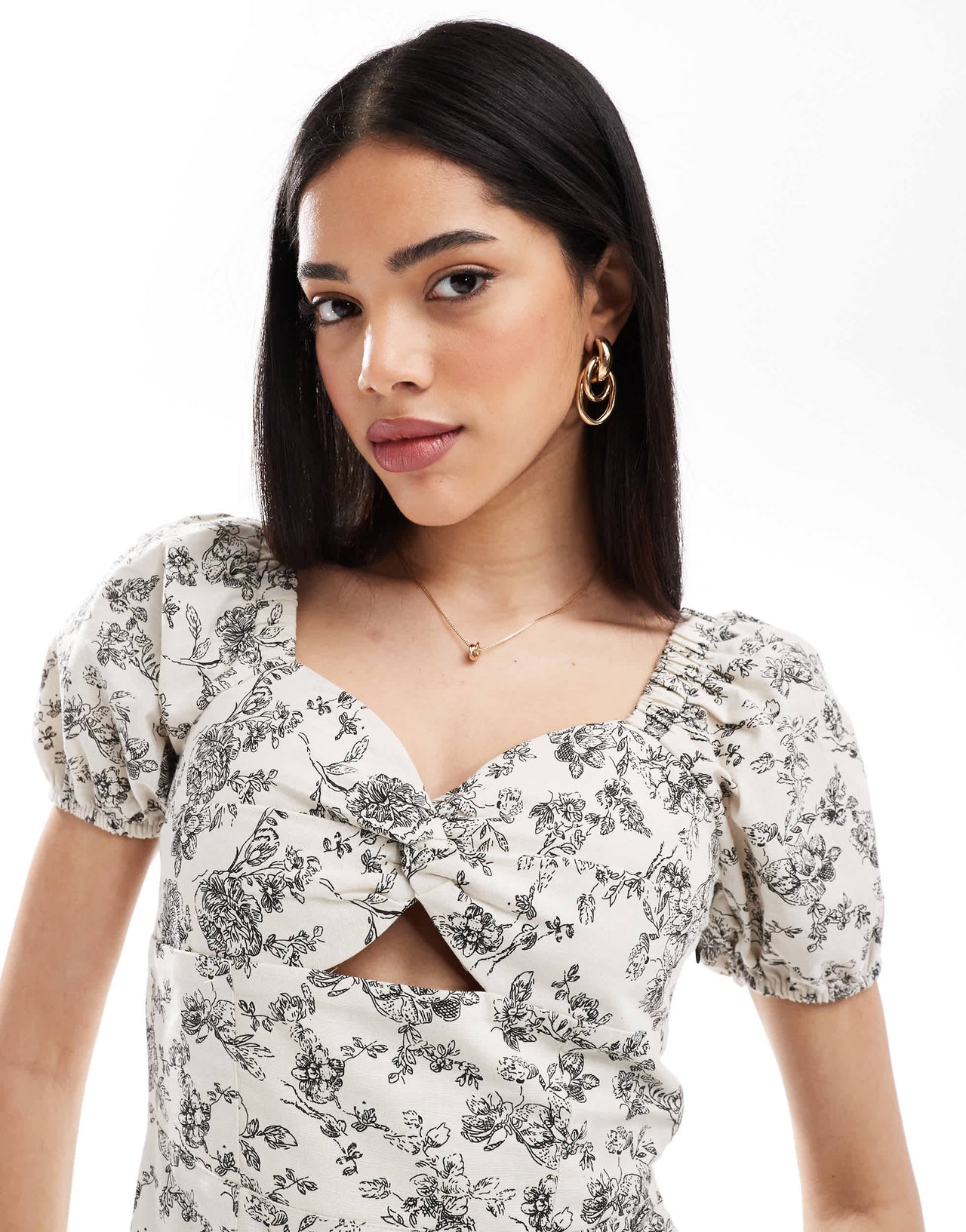 Brave Soul milkmaid puff sleeve mini dress with linen in white floral print
