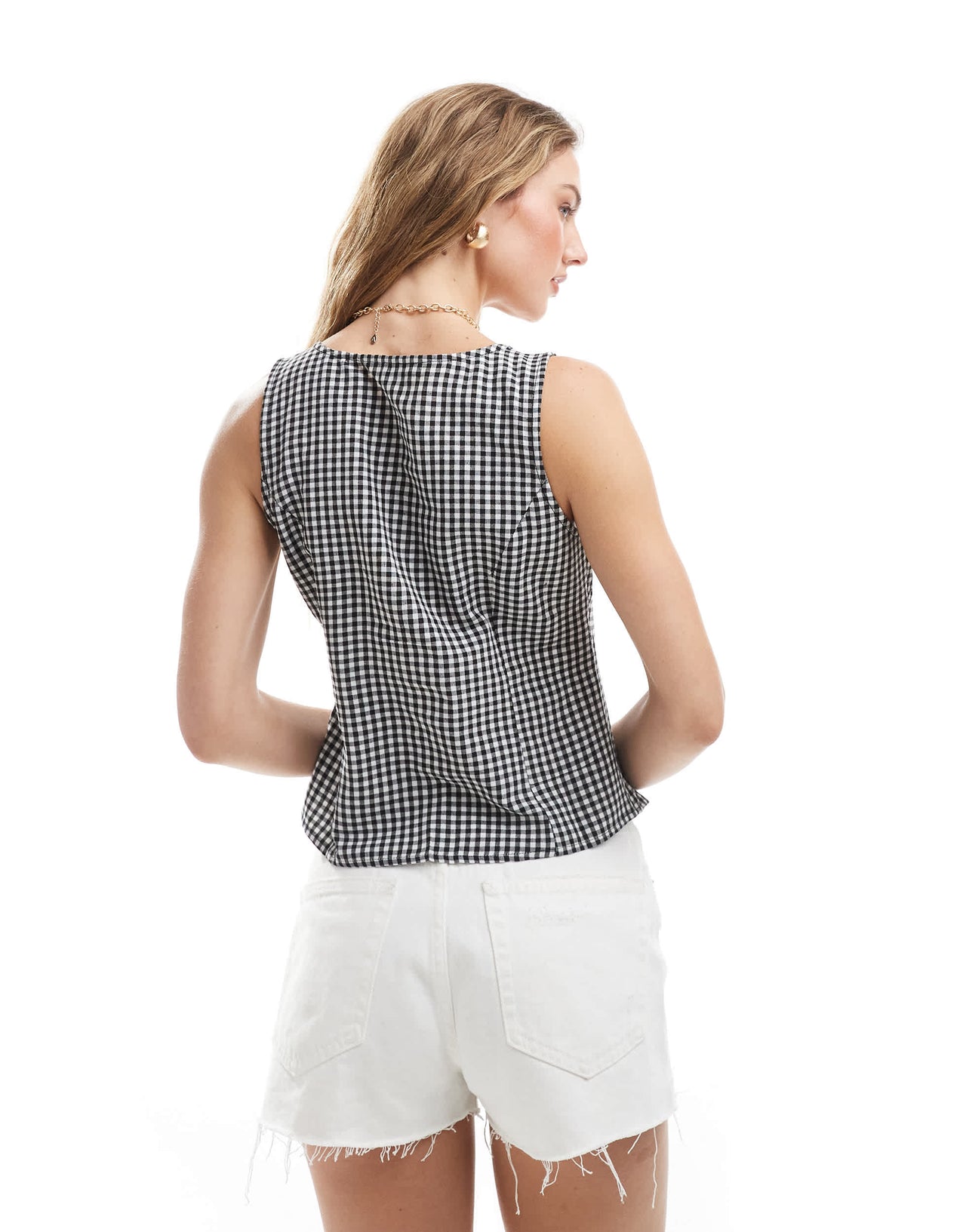 Brave Soul tie front gingham waistcoat in black and white