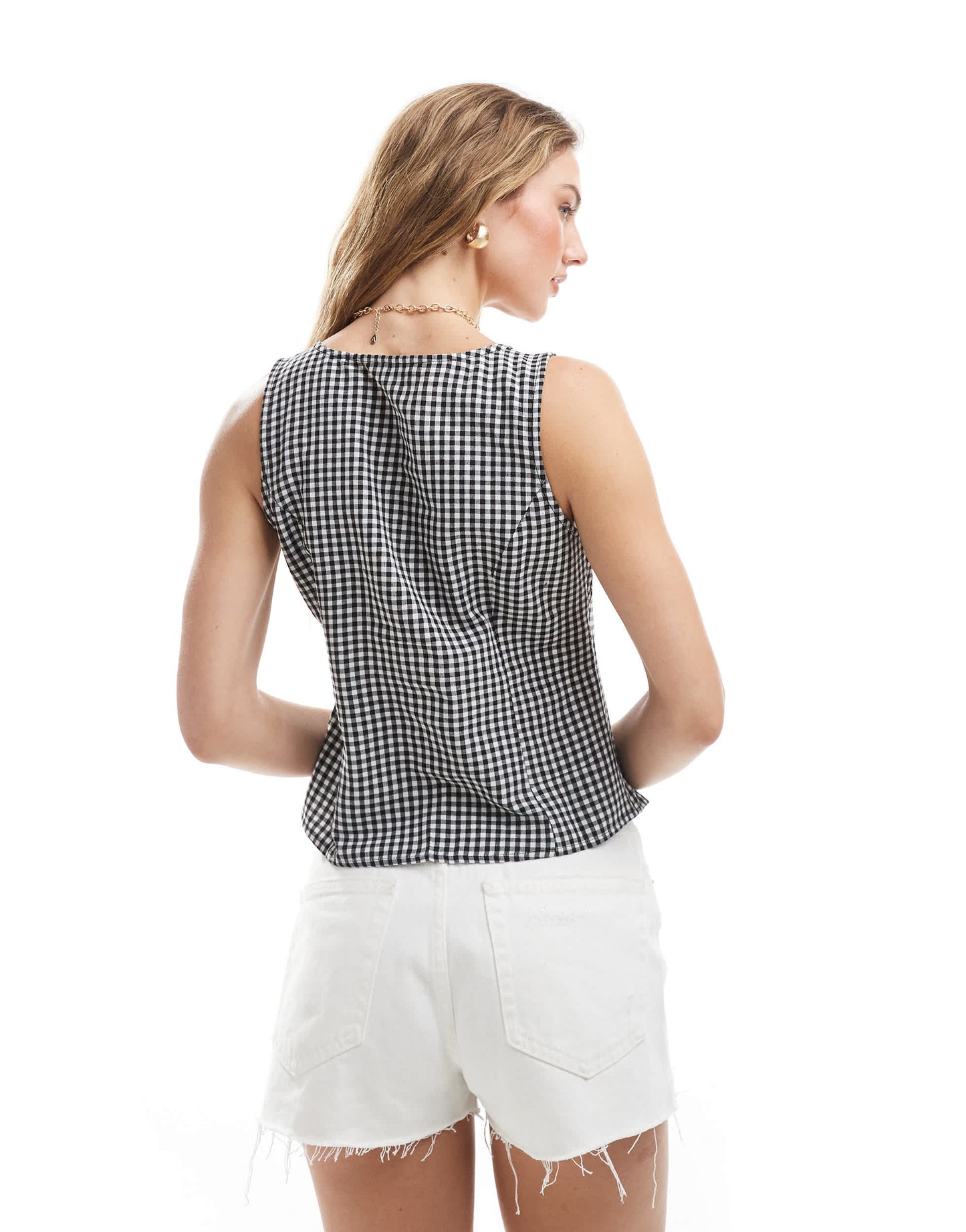 Brave Soul tie front gingham waistcoat in black and white