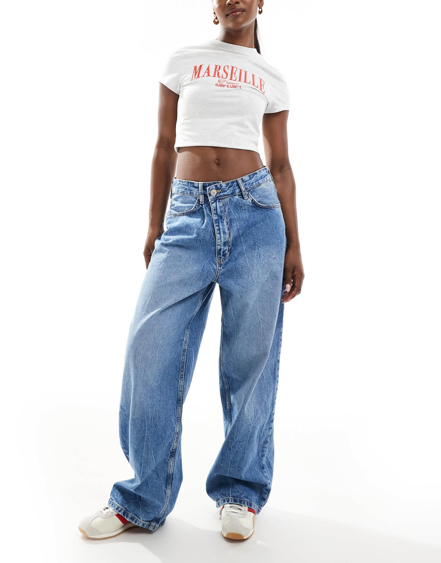 Pull&Bear wide leg crossed waistband jean in medium blue