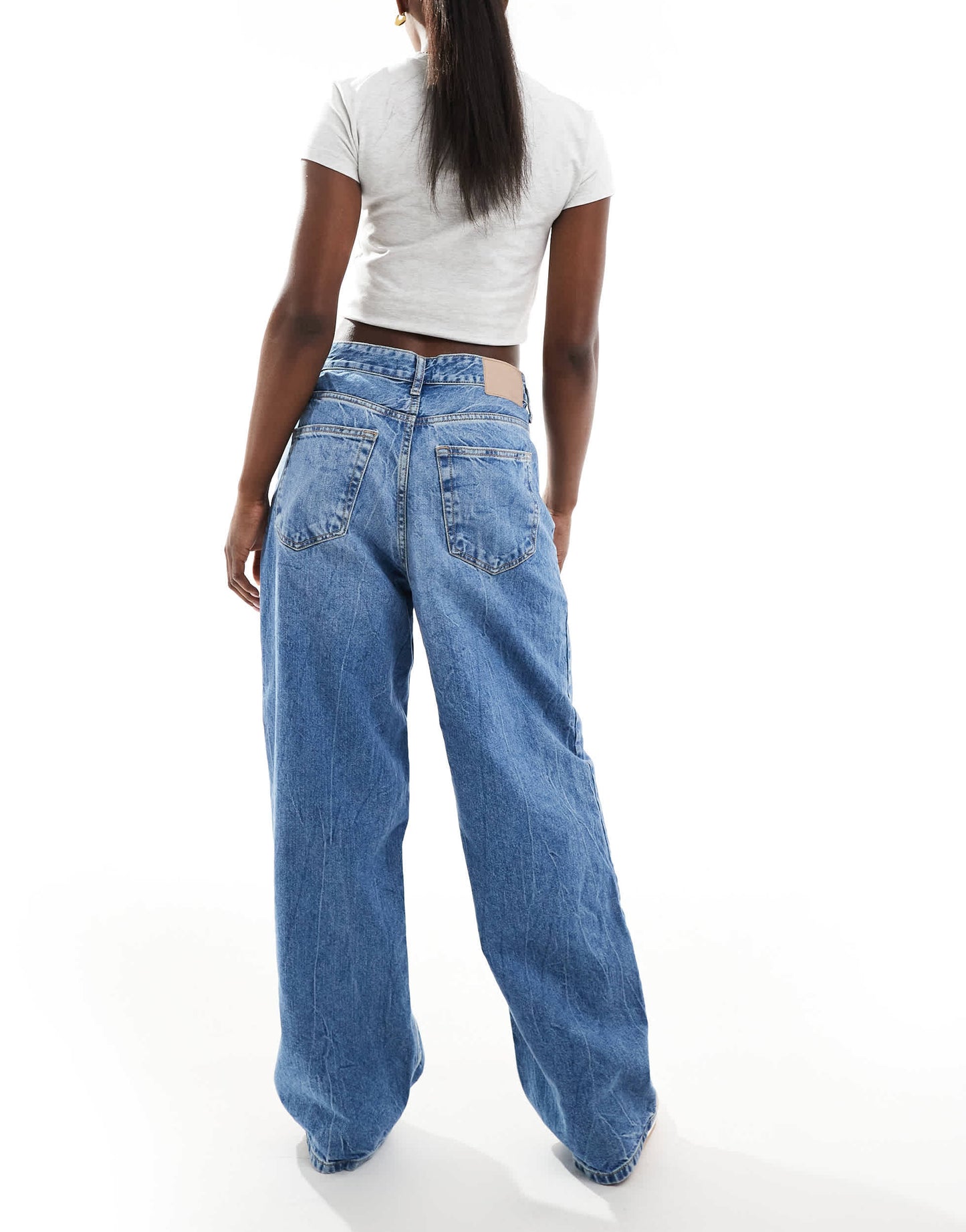 Pull&Bear wide leg crossed waistband jean in medium blue