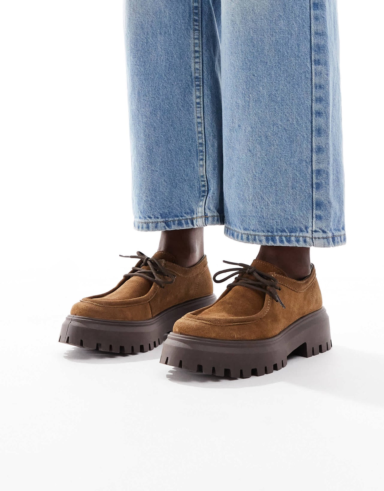 schuh Lyrica chunky moc toe lace up shoes in tan suede
