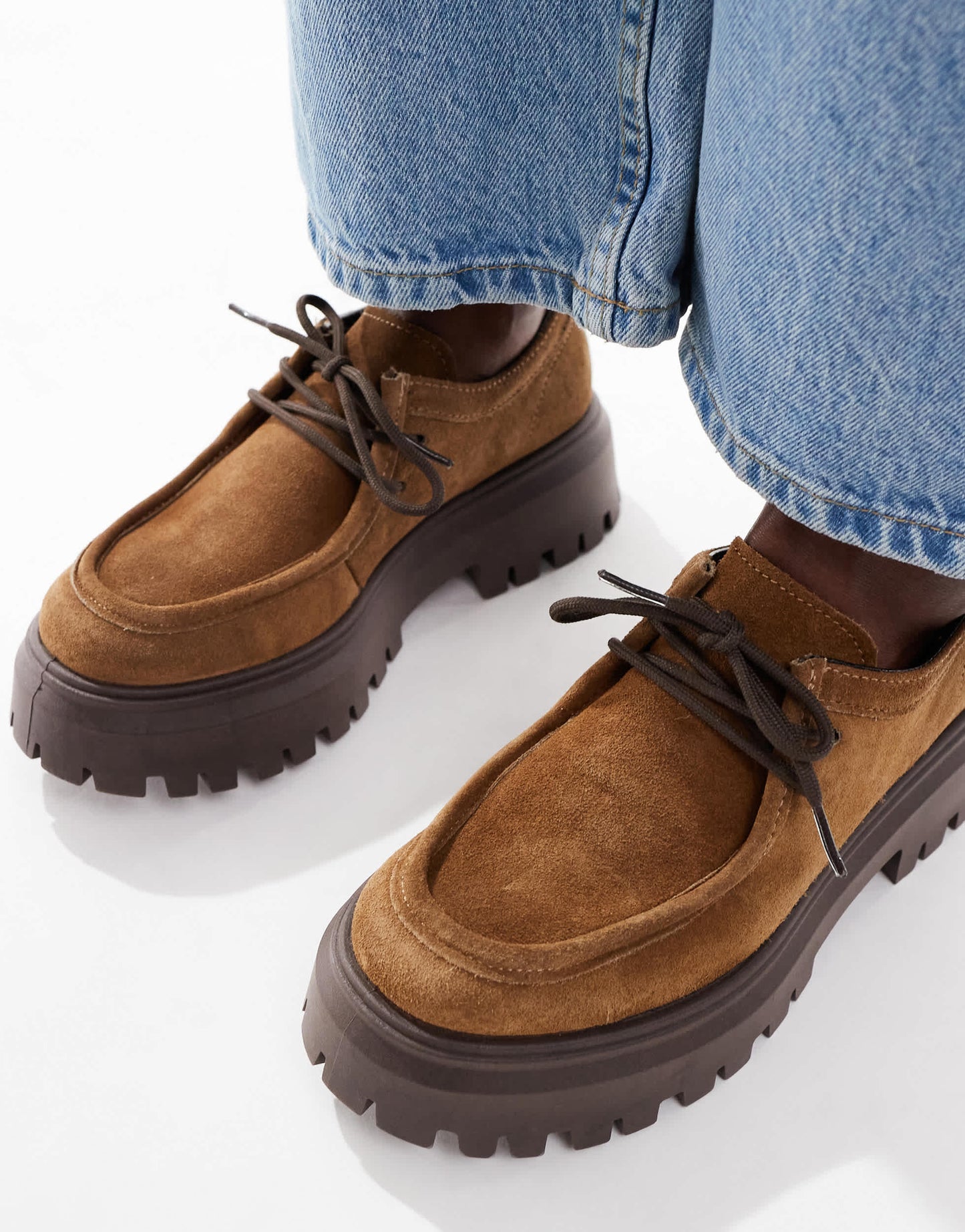 schuh Lyrica chunky moc toe lace up shoes in tan suede