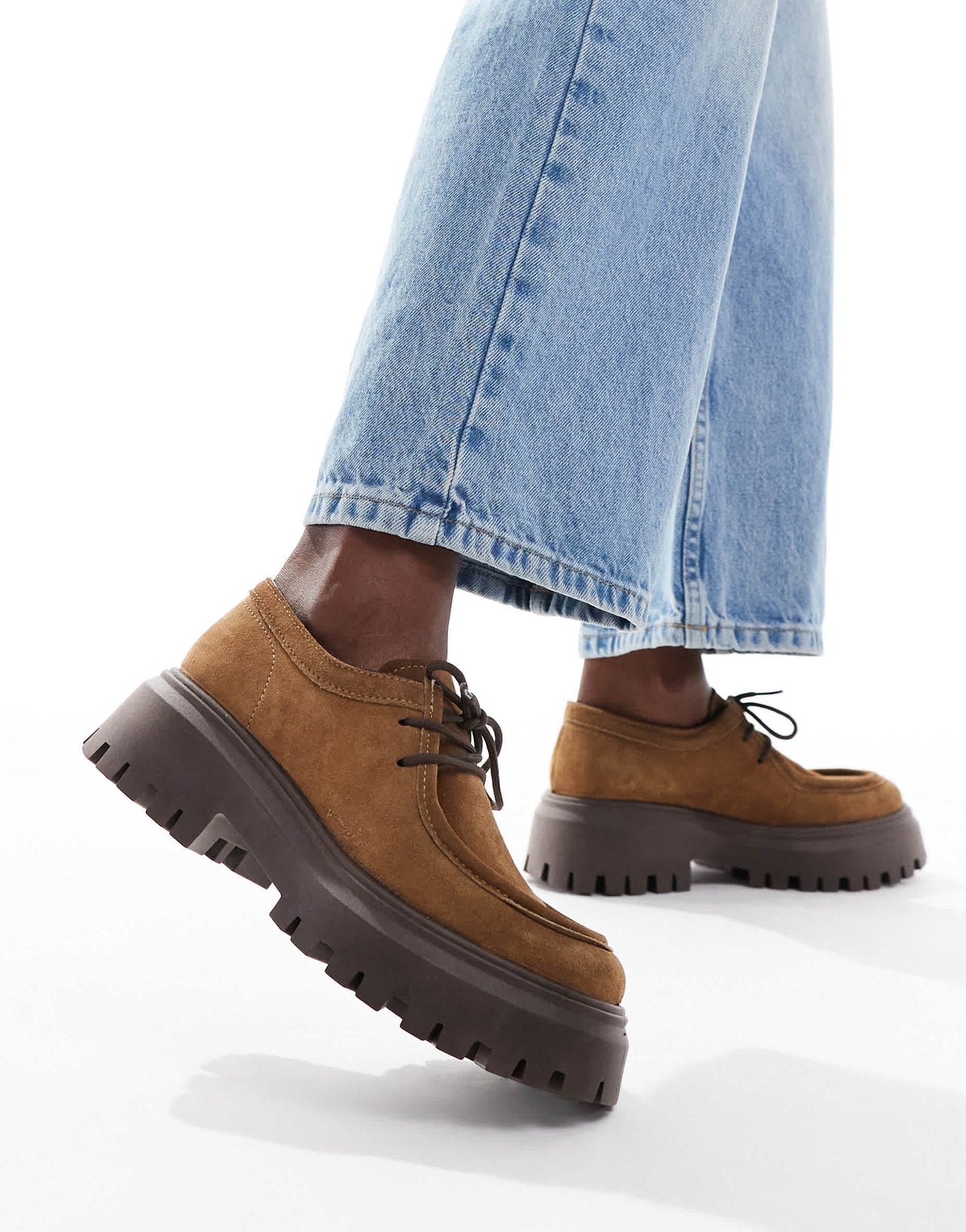 schuh Lyrica chunky moc toe lace up shoes in tan suede