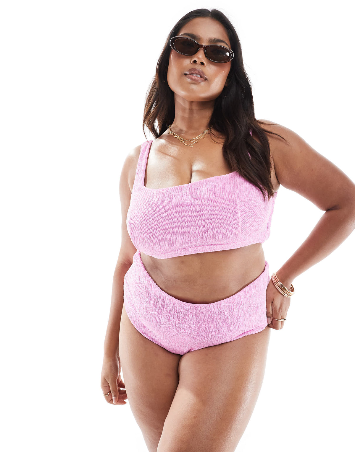 ASOS DESIGN Curve charlene textured high leg high waist bikini bottom in light pink