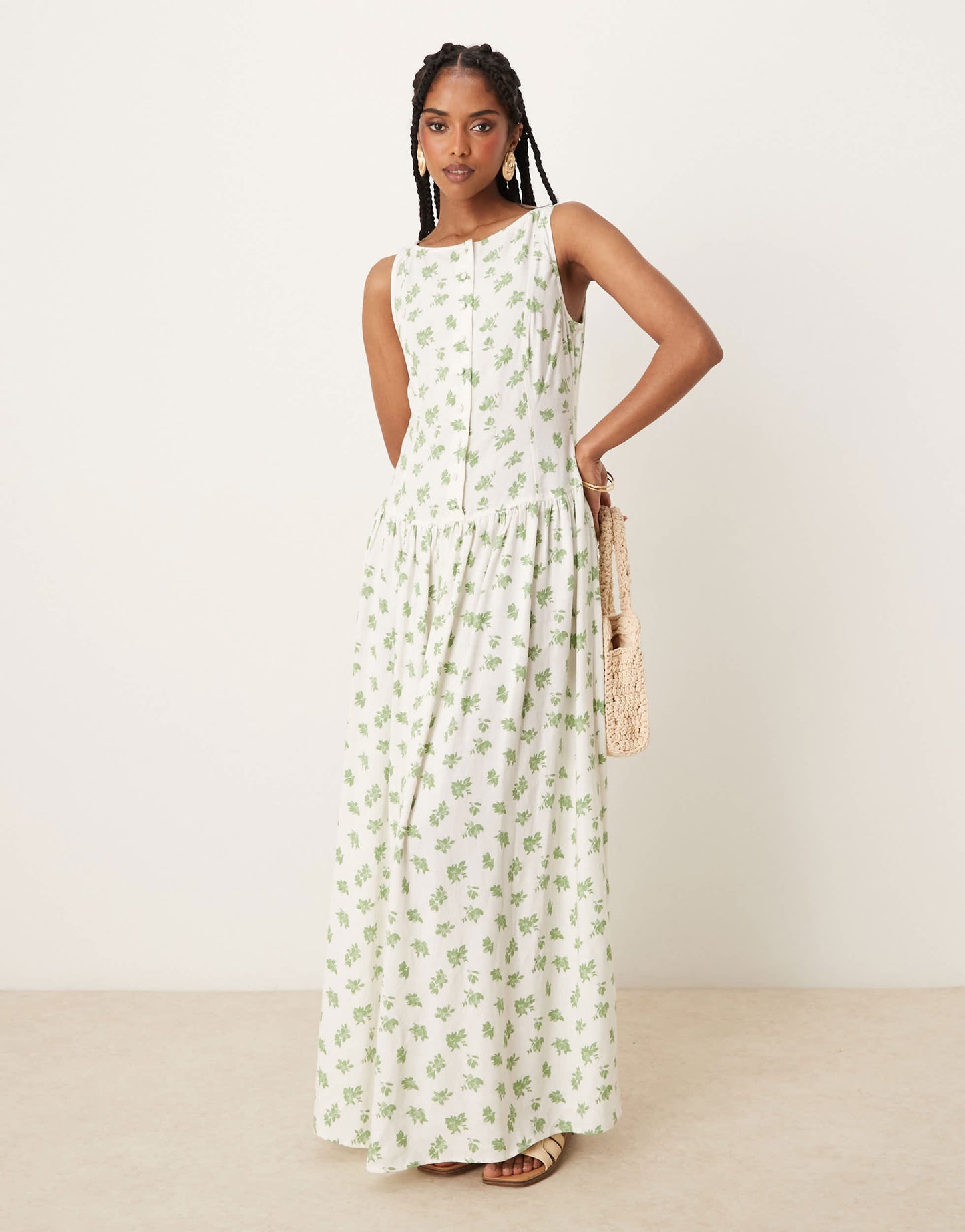 ASOS DESIGN slash neck button down dropped waist maxi dress in green floral
