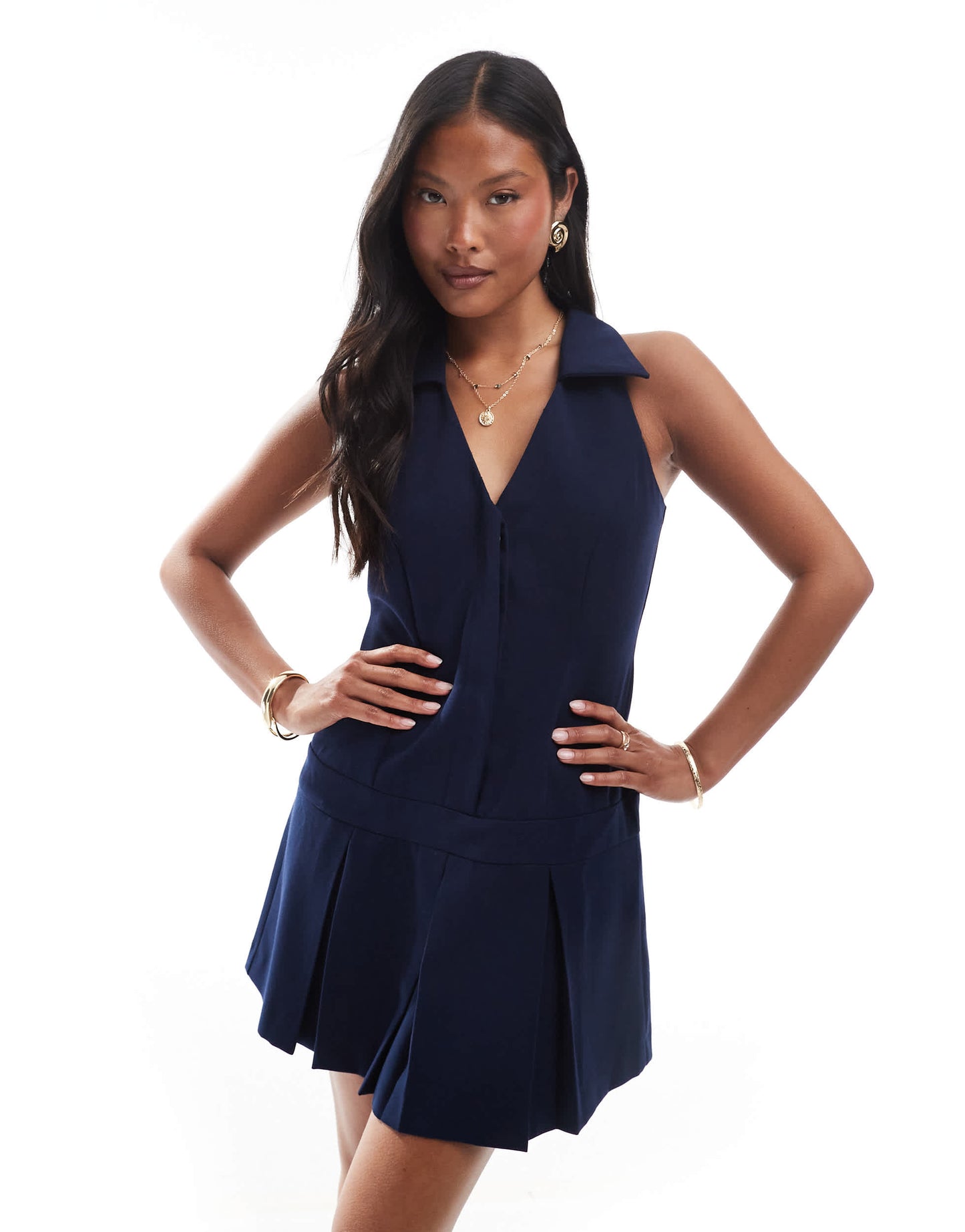 Miss Selfridge Petite tailored halter neck mini dress in navy