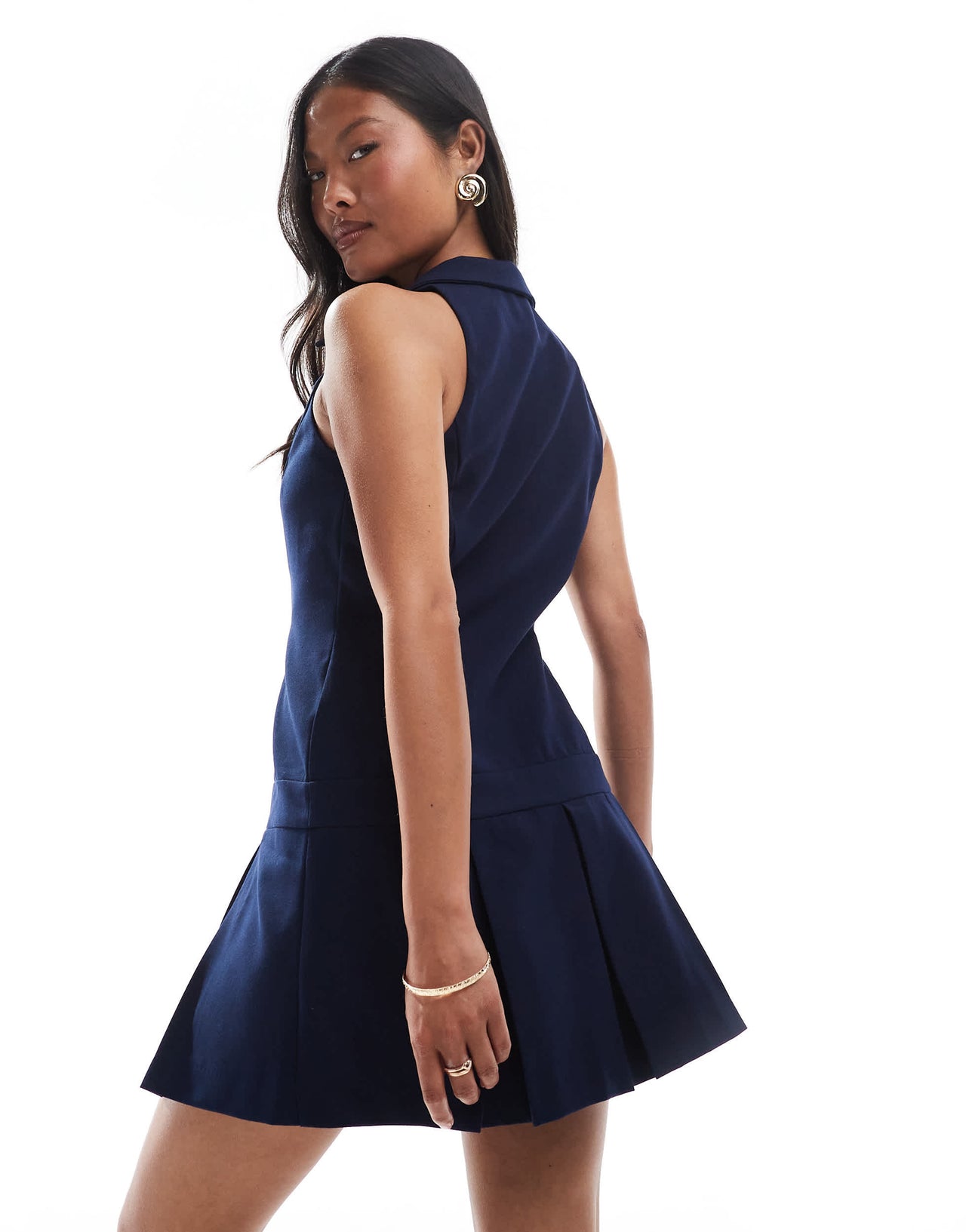 Miss Selfridge Petite tailored halter neck mini dress in navy