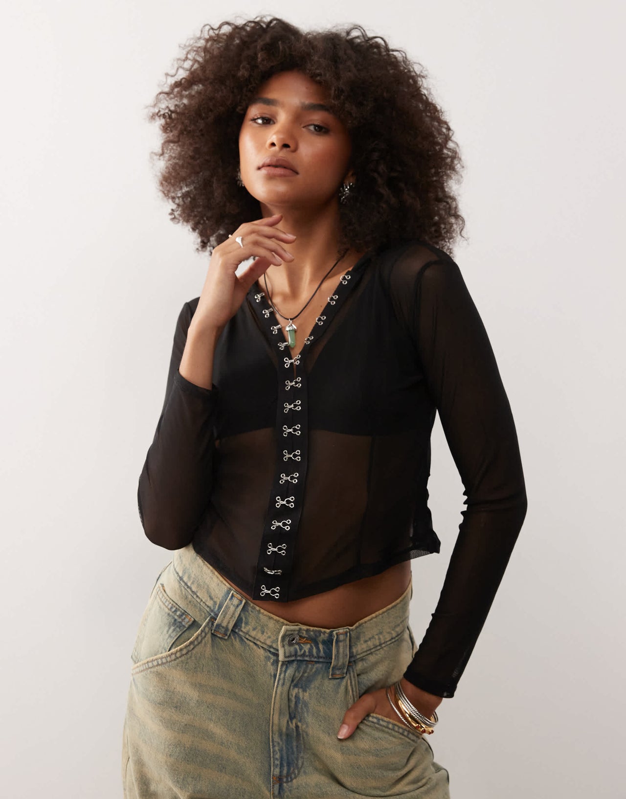 COLLUSION mesh hooded jacket with hook and eye detailing in black