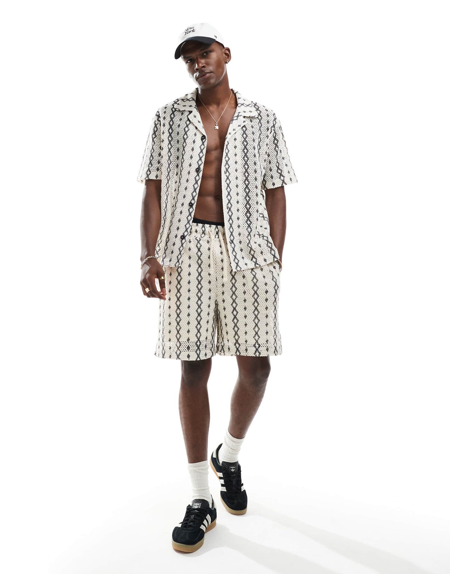 River Island revere collar crochet shirt co-ord in ecru pattern